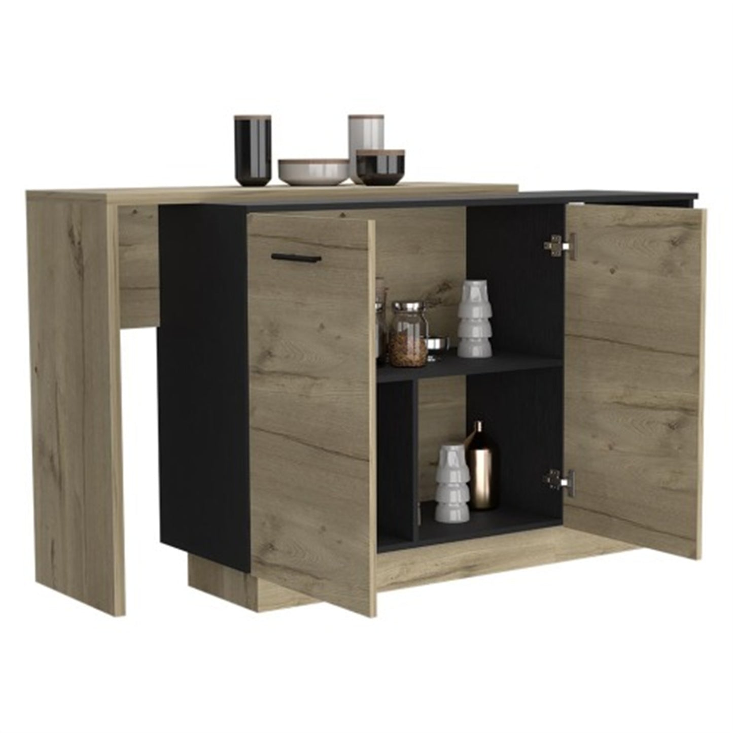 "LunaLulinlk Sicilia Kitchen Island, Two External Shelves, Double Door Cabinets, Three Shelves -Black / Light Oak "