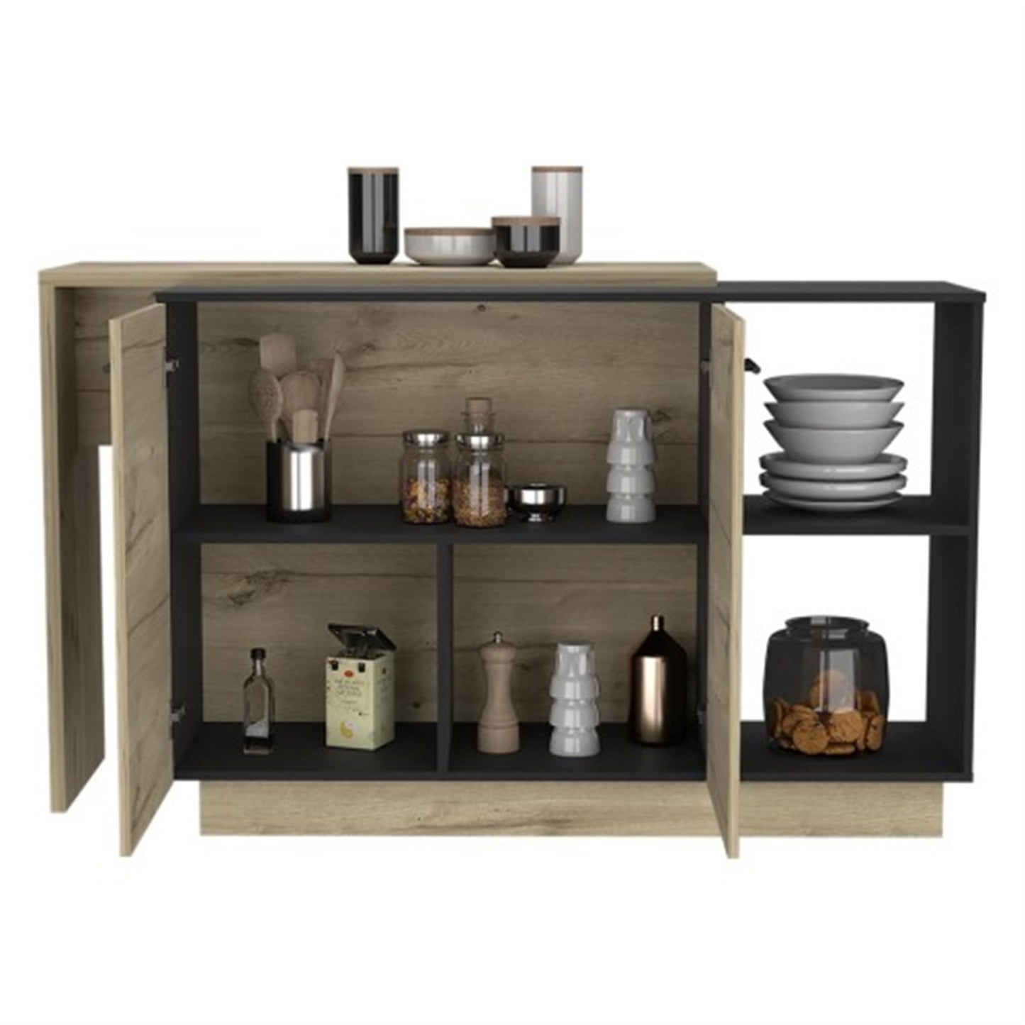 "LunaLulinlk Sicilia Kitchen Island, Two External Shelves, Double Door Cabinets, Three Shelves -Black / Light Oak "