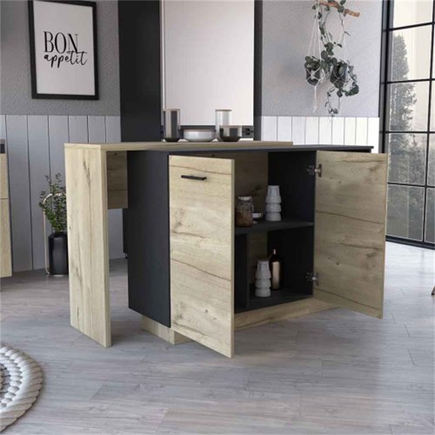 "LunaLulinlk Sicilia Kitchen Island, Two External Shelves, Double Door Cabinets, Three Shelves -Black / Light Oak "
