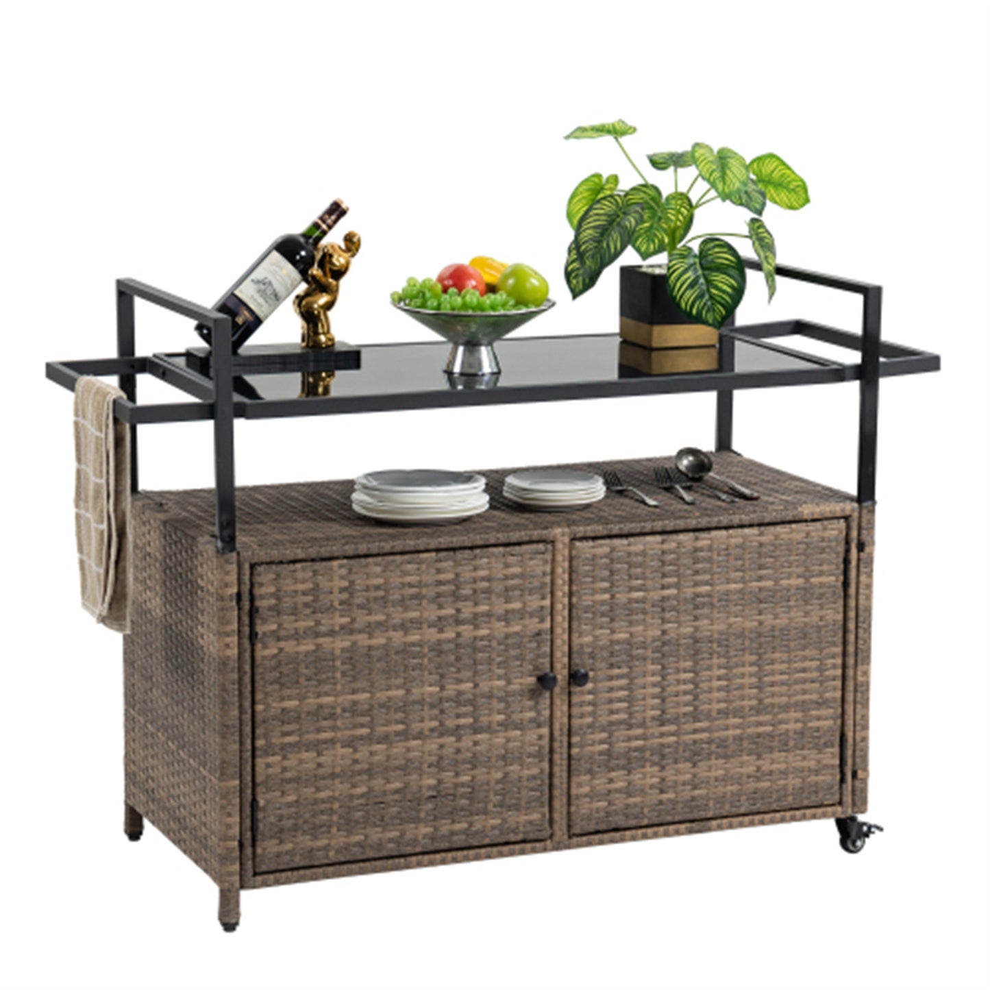 LunaLulinlk Wicker Cart, Rolling Rattan Beverage Bar Counter Table w/Glass Top for Garden Poolside Party, Kitchen, Light brown