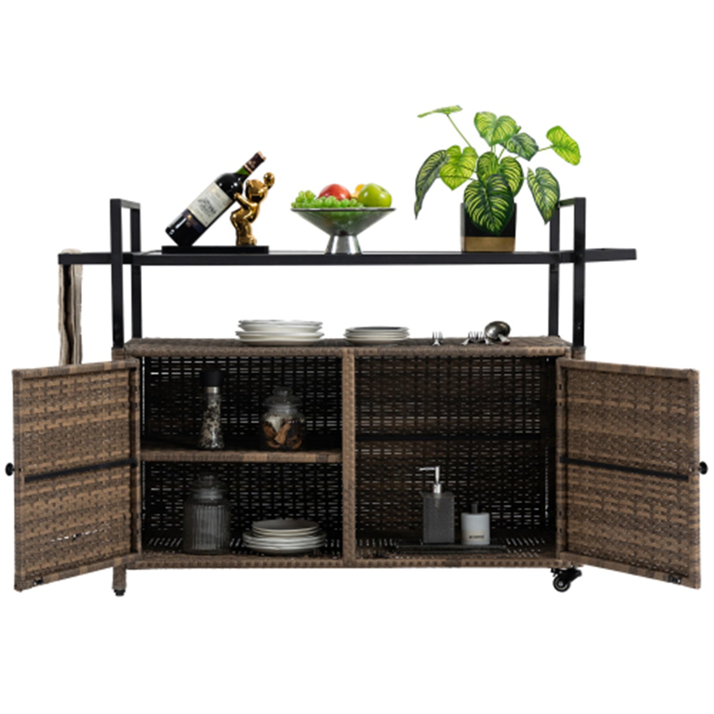 LunaLulinlk Wicker Cart, Rolling Rattan Beverage Bar Counter Table w/Glass Top for Garden Poolside Party, Kitchen, Light brown