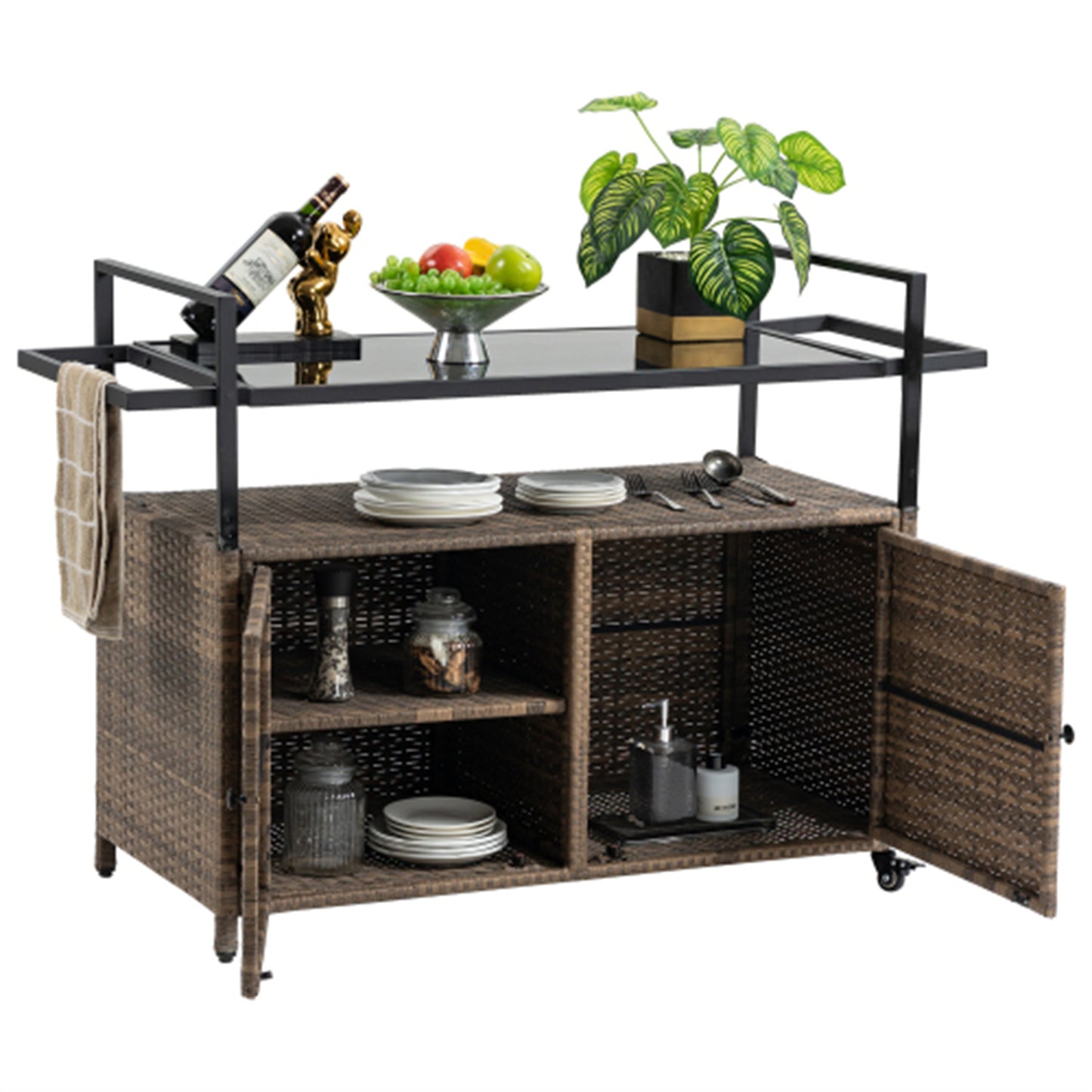 LunaLulinlk Wicker Cart, Rolling Rattan Beverage Bar Counter Table w/Glass Top for Garden Poolside Party, Kitchen, Light brown