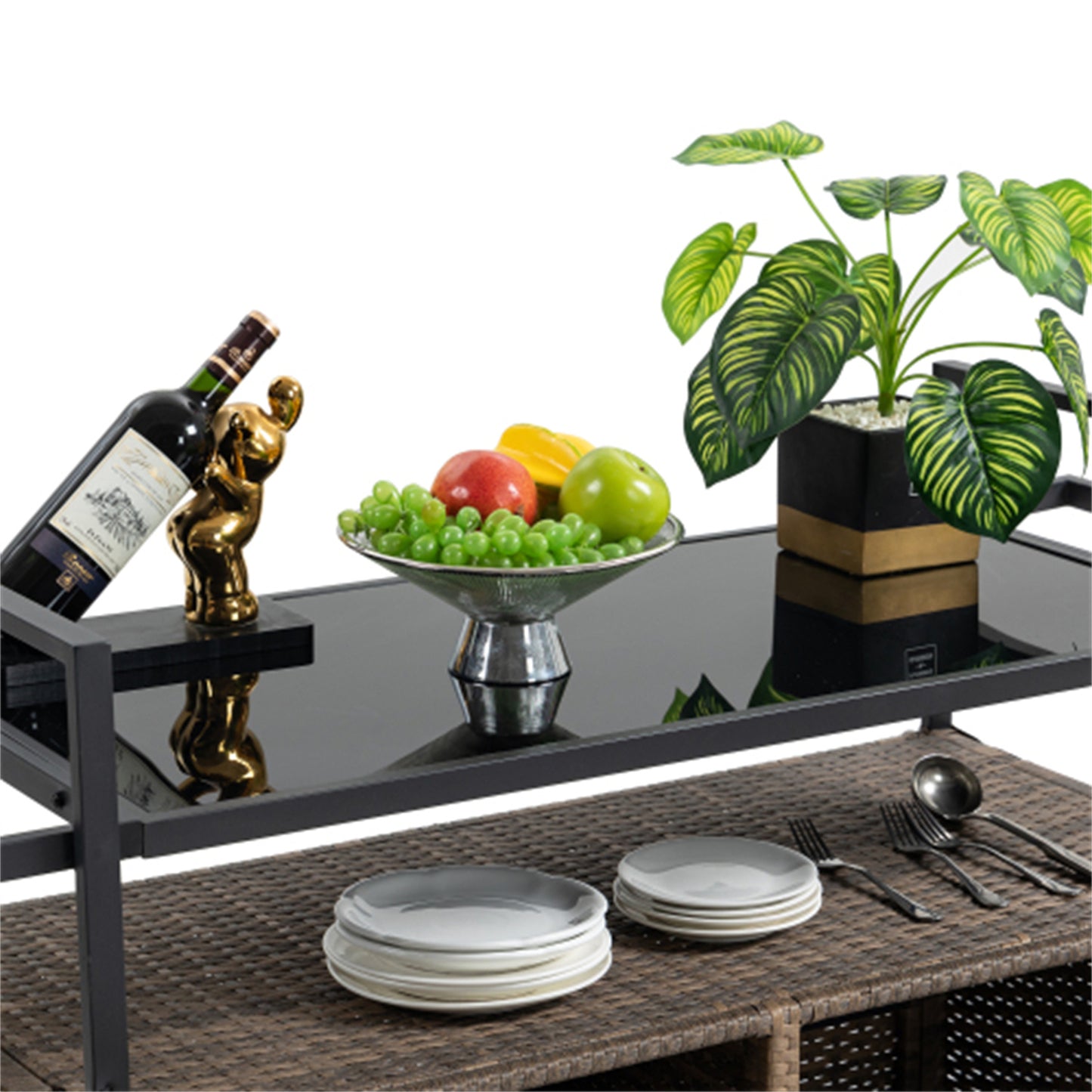 LunaLulinlk Wicker Cart, Rolling Rattan Beverage Bar Counter Table w/Glass Top for Garden Poolside Party, Kitchen, Light brown