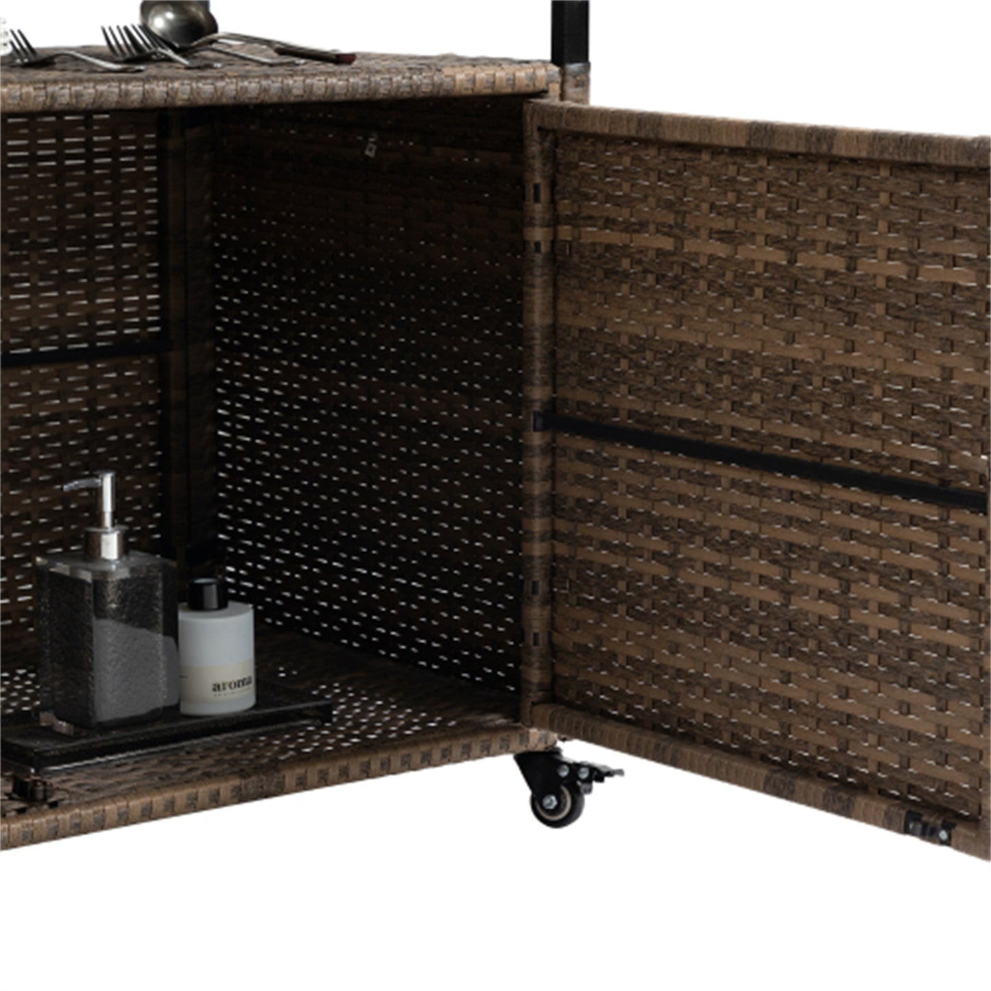 LunaLulinlk Wicker Cart, Rolling Rattan Beverage Bar Counter Table w/Glass Top for Garden Poolside Party, Kitchen, Light brown