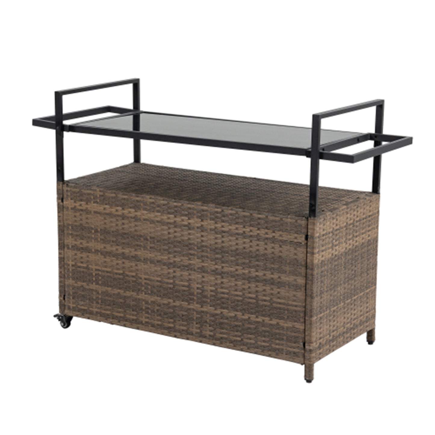 LunaLulinlk Wicker Cart, Rolling Rattan Beverage Bar Counter Table w/Glass Top for Garden Poolside Party, Kitchen, Light brown