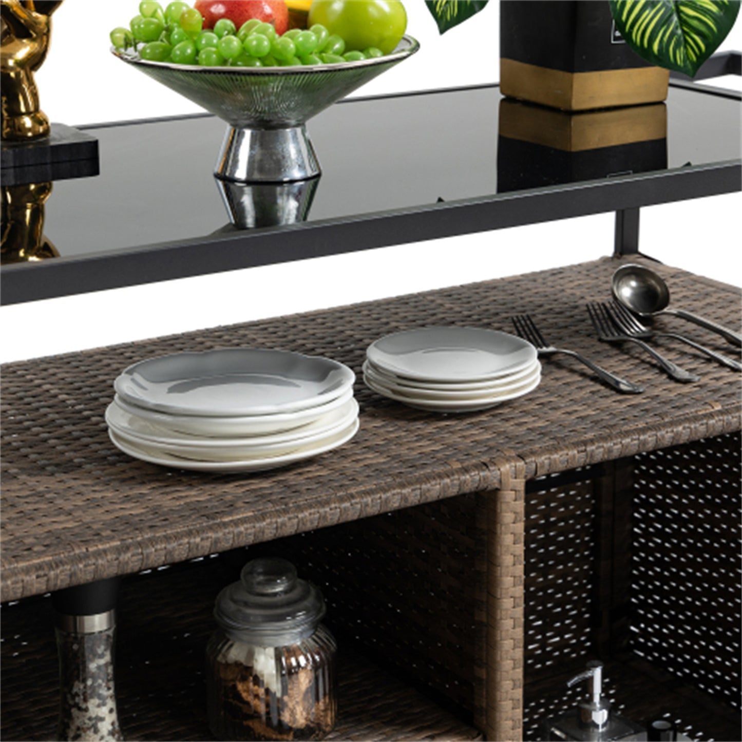 LunaLulinlk Wicker Cart, Rolling Rattan Beverage Bar Counter Table w/Glass Top for Garden Poolside Party, Kitchen, Light brown