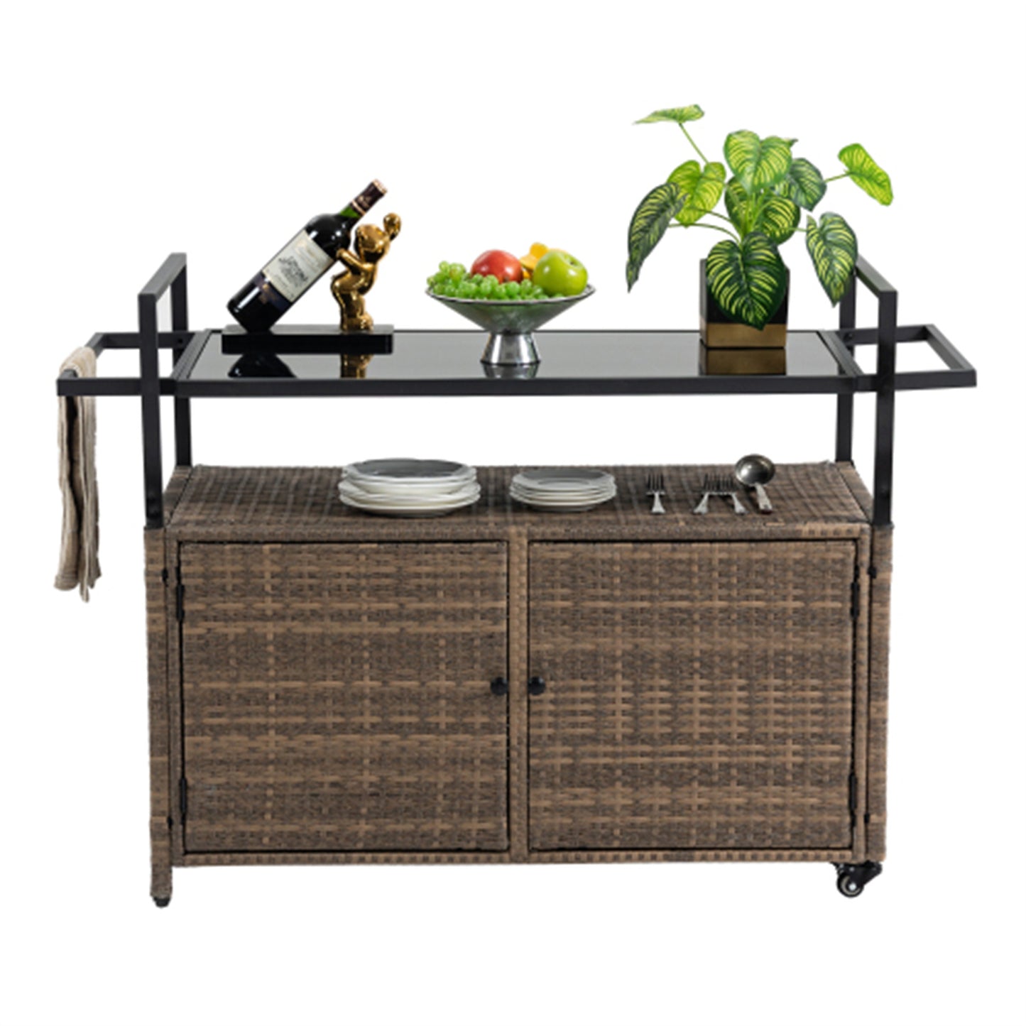 LunaLulinlk Wicker Cart, Rolling Rattan Beverage Bar Counter Table w/Glass Top for Garden Poolside Party, Kitchen, Light brown
