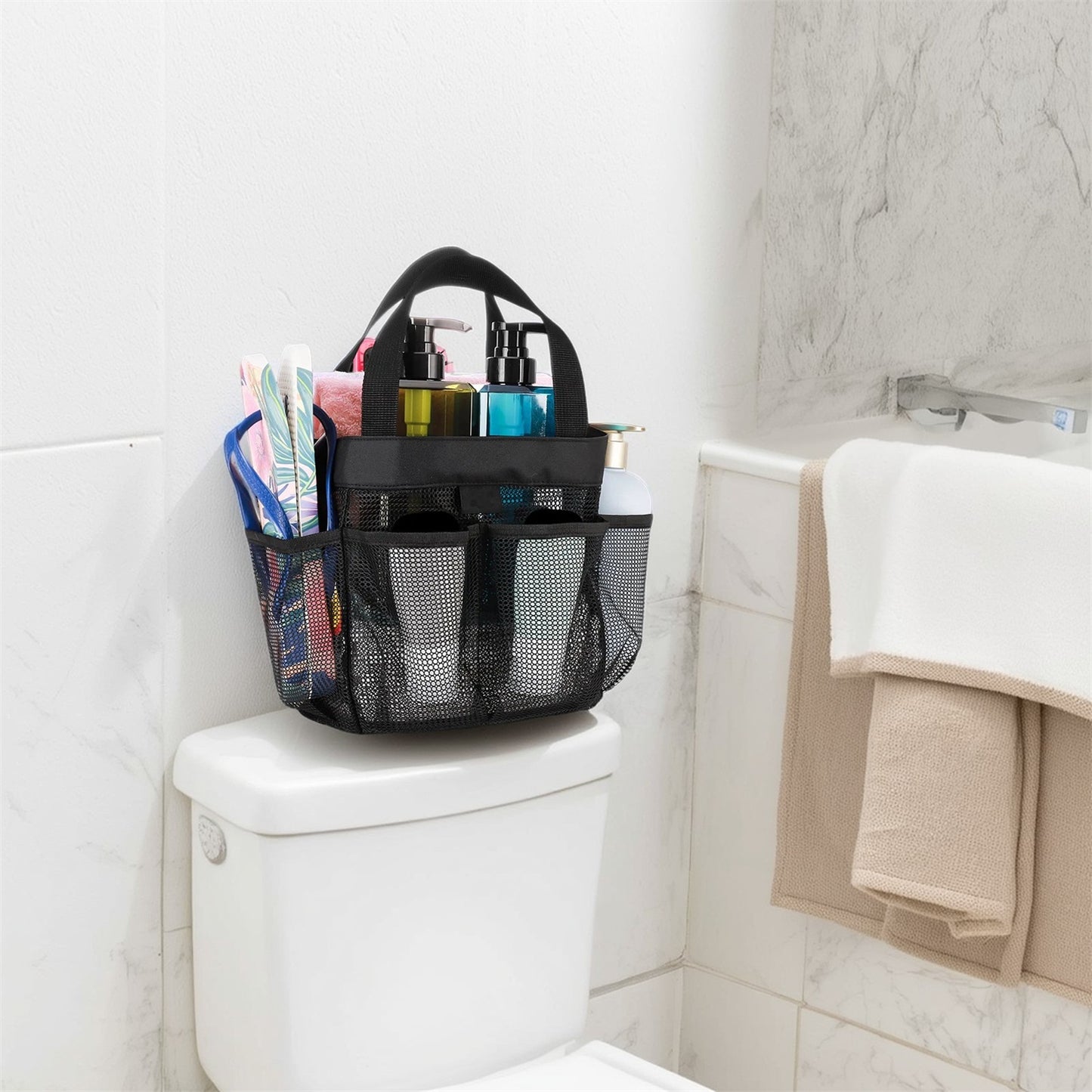 Natural Mesh Shower Storage Basket, Portable for Bathroom and Gym, Hanging Storage Basket, Quick Dry Toiletry Bag (8 Pockets | Black)