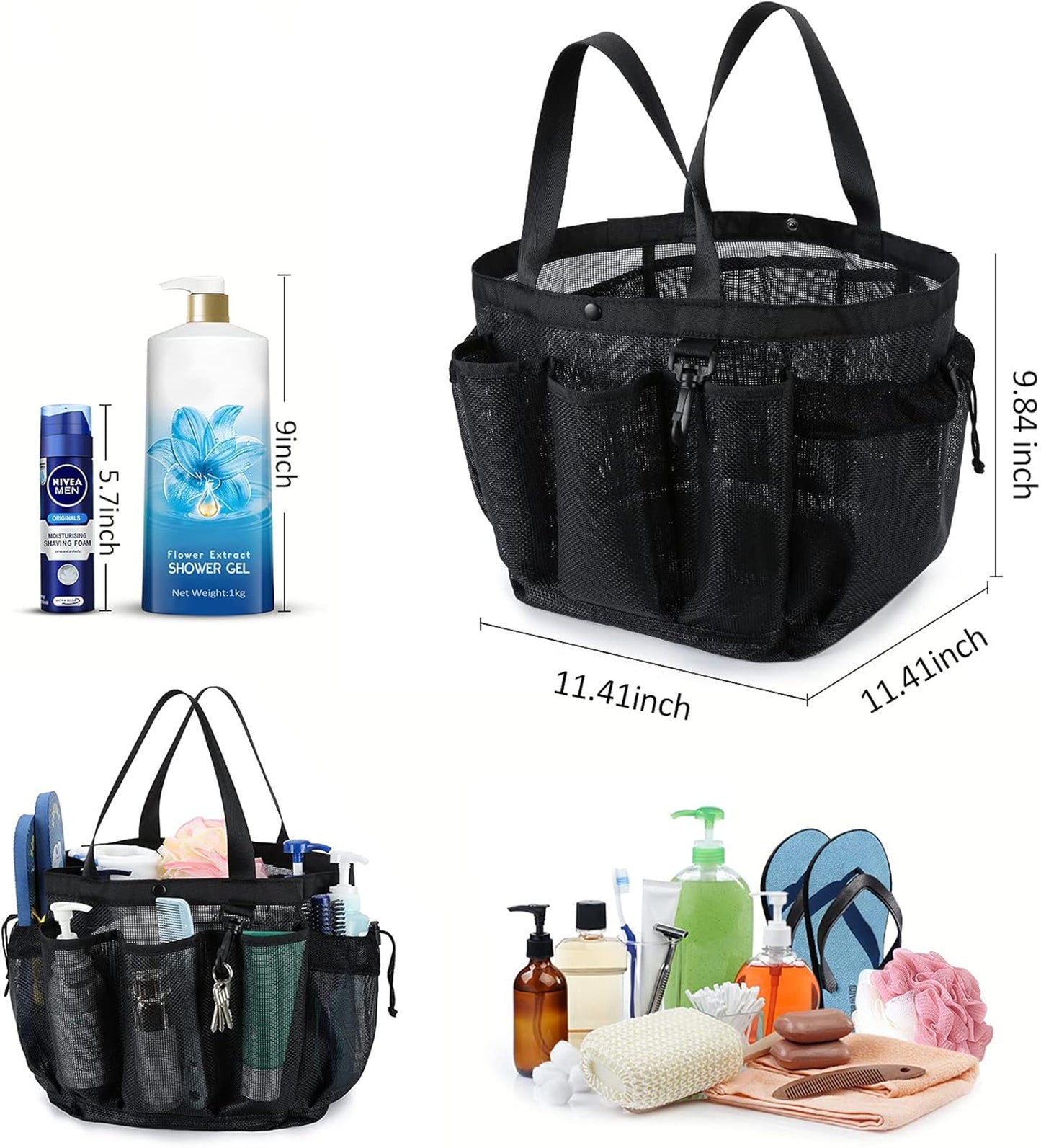 Natural Mesh Shower Storage Basket, Portable for Bathroom and Gym, Hanging Storage Basket, Quick Dry Toiletry Bag (8 Pockets | Blue)