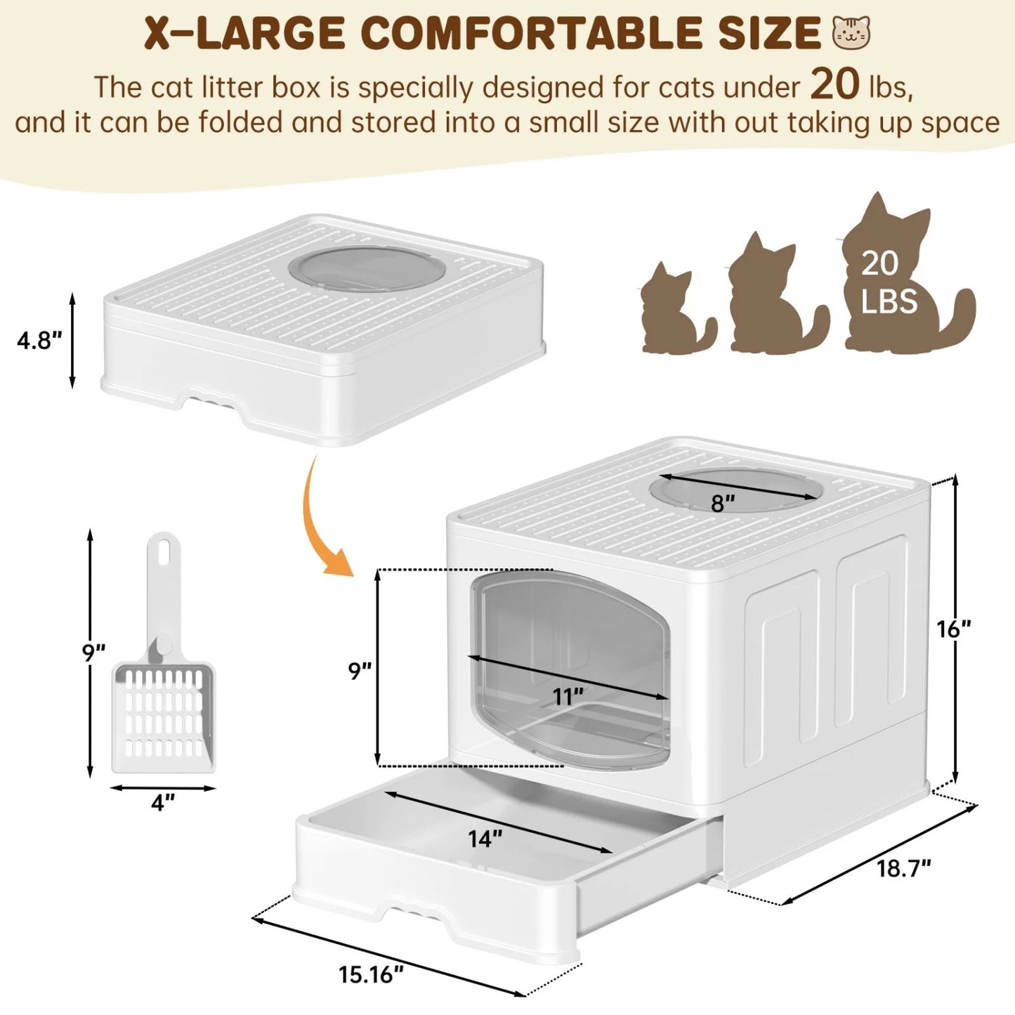 LunaLulinlk white Extra-large foldable cat litter box with litter scoop,