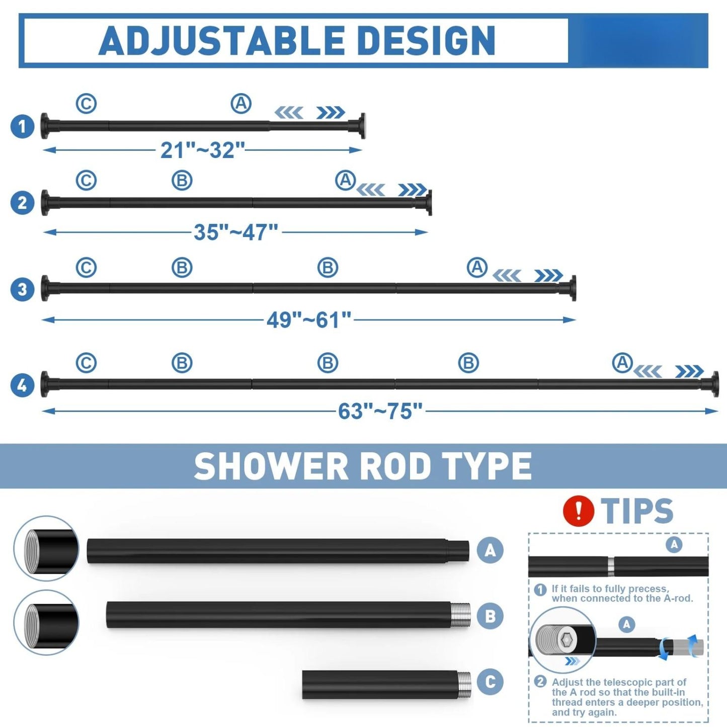 LunaLulinlk Shower Curtain Rod, Adjustable 32-75 Inch Spring Tension Shower Rods for Bathroom or Window