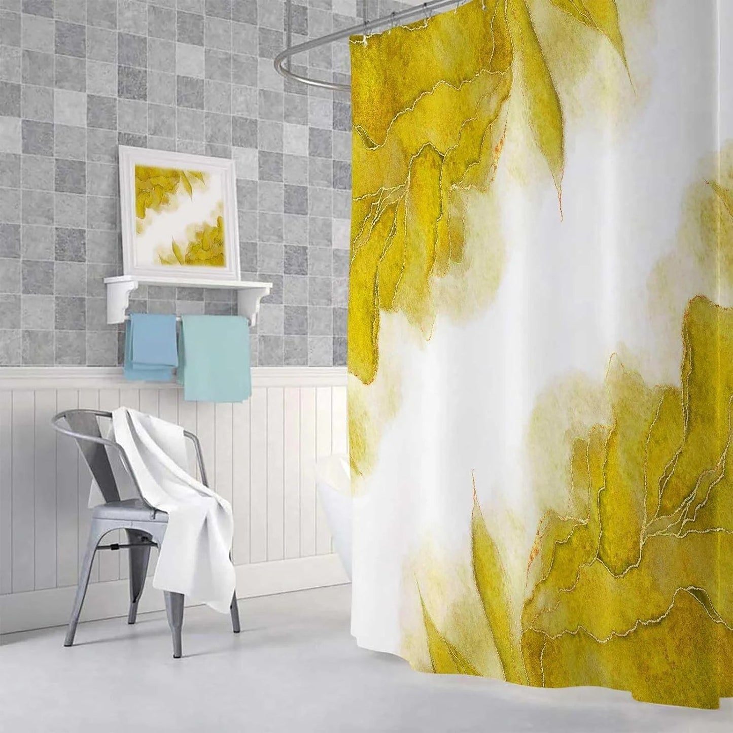 LunaLulinlk Yellow and Gold Marble Shower Curtain