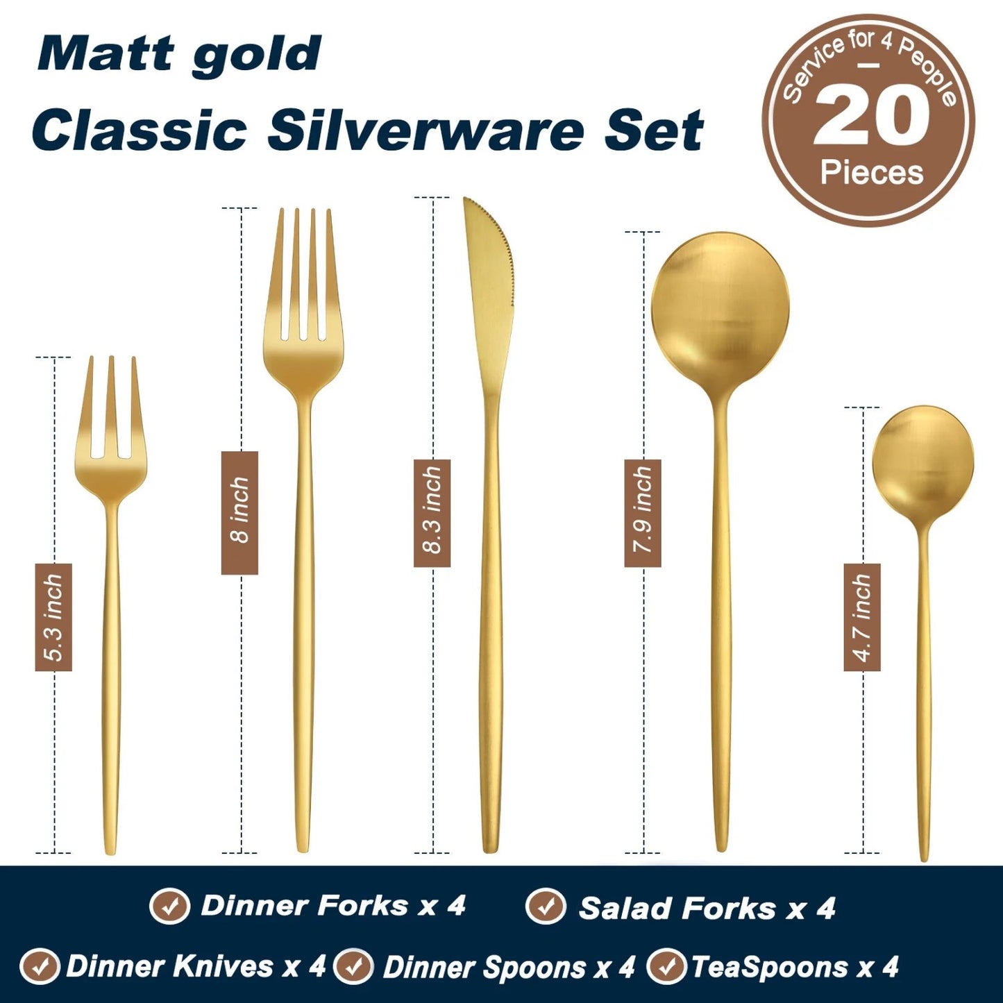 LunaLulinlk Silverware Set, 20-Piece Stainless Steel Flatware Set, Tableware Cutlery Set Service for 4