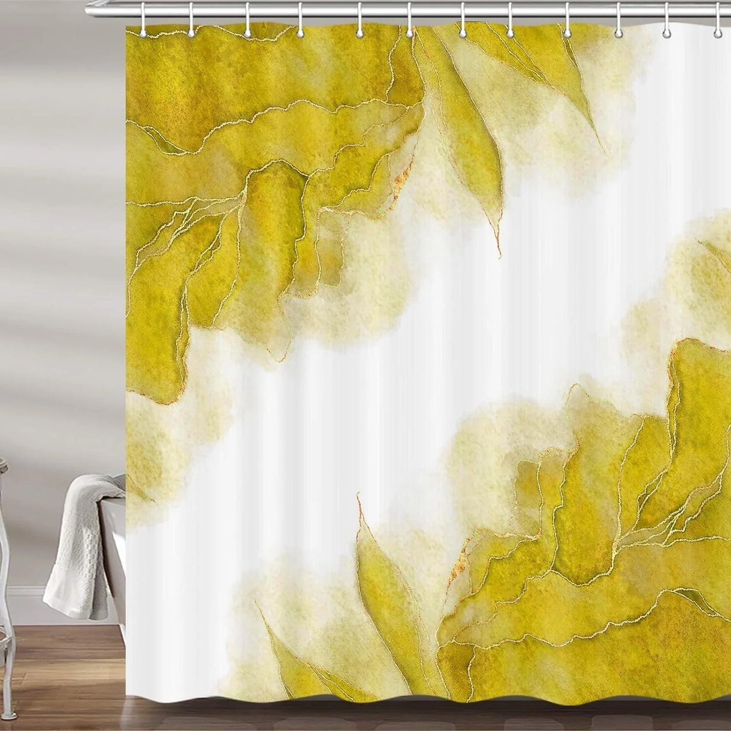 LunaLulinlk Yellow and Gold Marble Shower Curtain