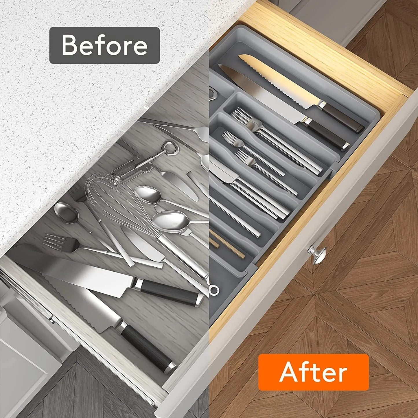 LunaLulinlk Silverware Drawer Organizer, Expandable Utensil Tray for Kitchen, Adjustable Flatware Grey