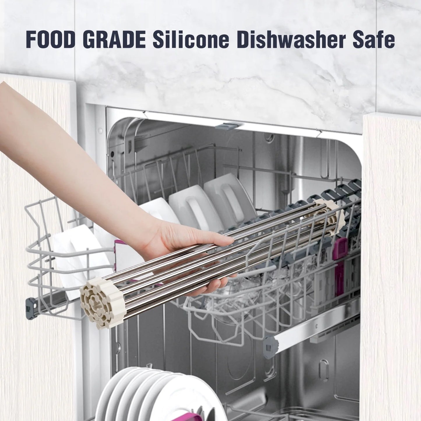 LunaLulinlk Stainless Steel Roll-Up Dish Drying Rack Marble Color Silicone Edges, Foldable Kitchen Rack Heat Resistant Trivet (17.7"x12.5"),White