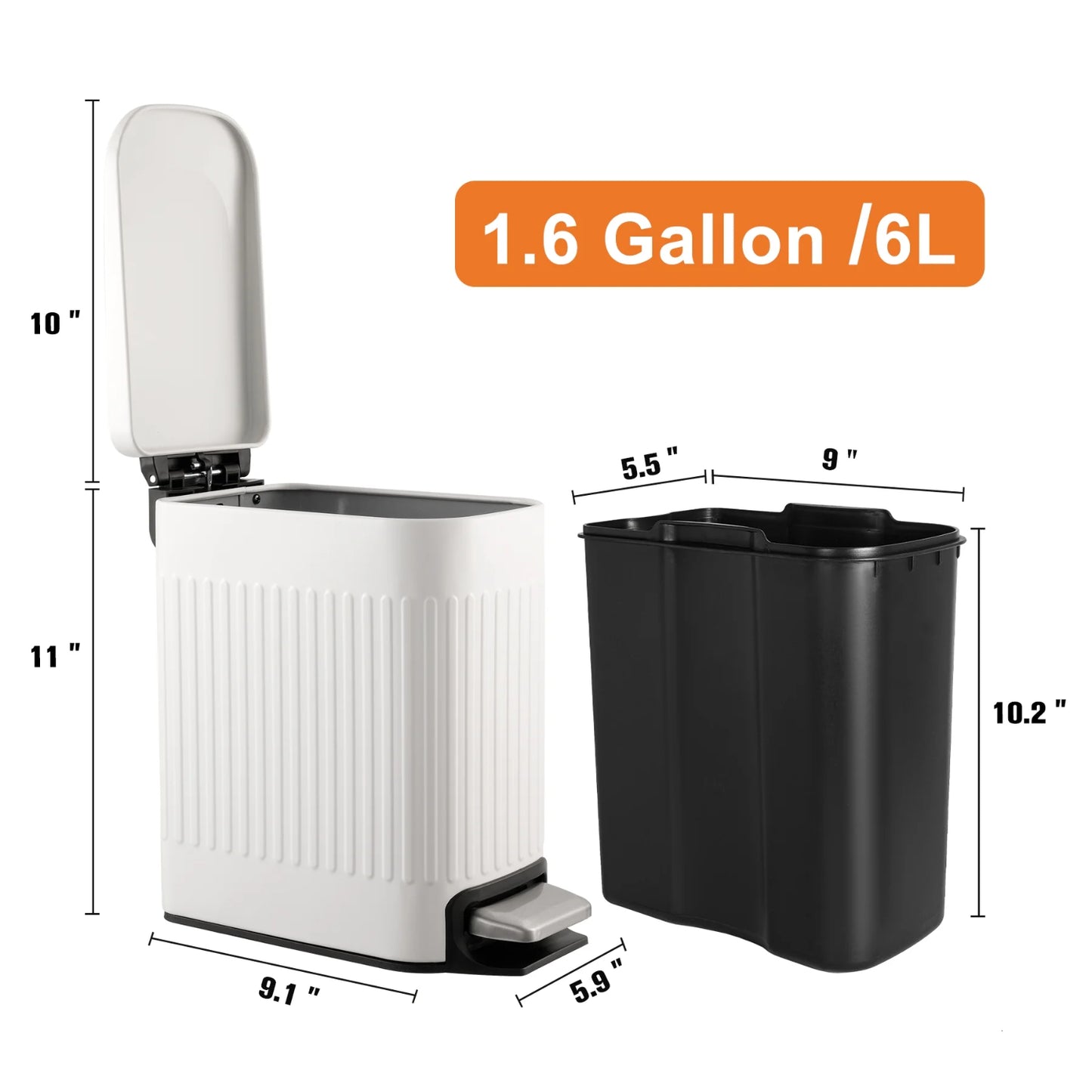 LunaLulinlk White Stainless Steel 1.6 Gallon Bathroom Trash Can with Lid, Small Trash Can