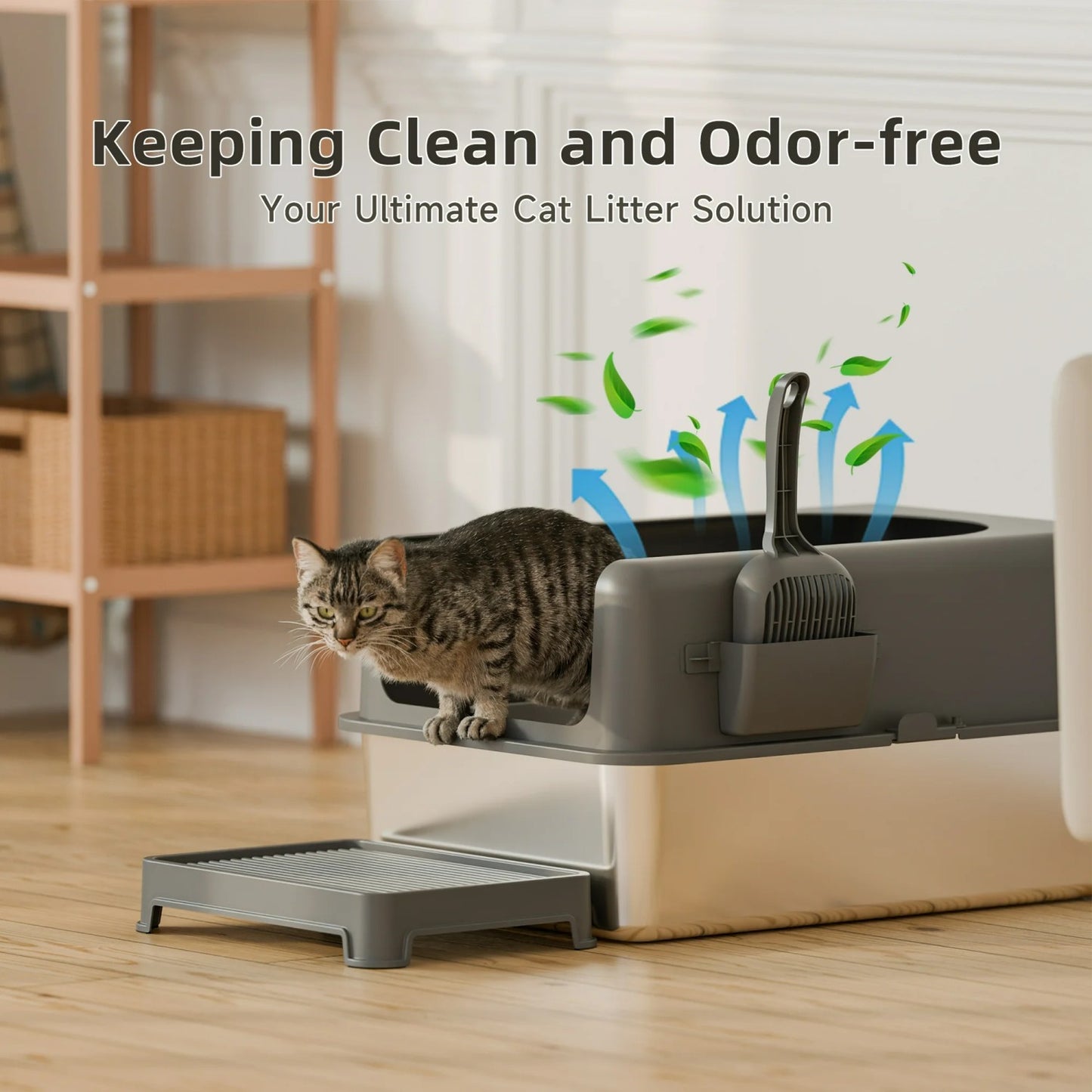 LunaLulinlk with Scoop&mat Stainless Steel Cat Litter Box with High-Sided - Durable, Hygienic, and Escape