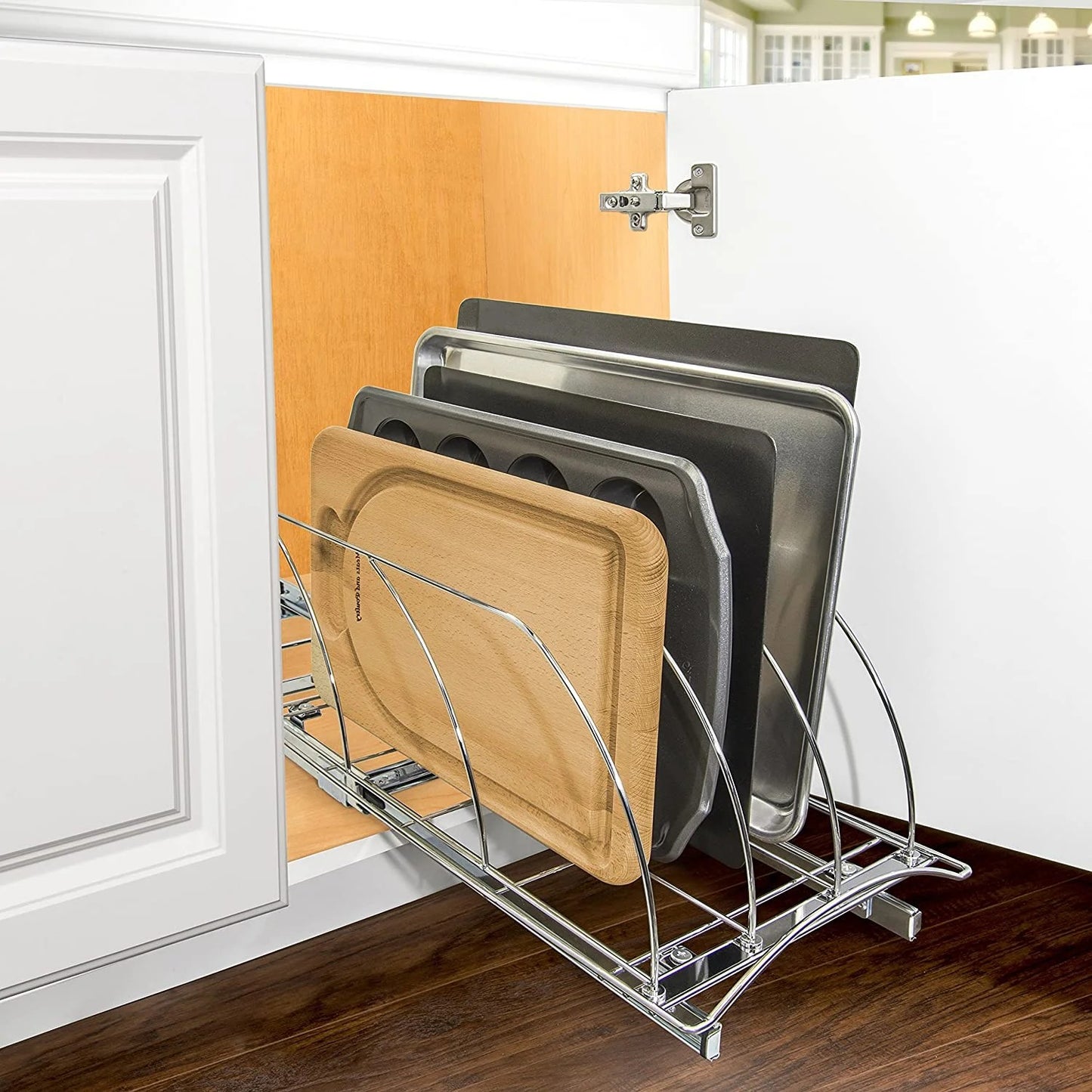 LunaLulinlk Slide Out Cutting Board, Cookie Sheet, and Baking Pan Organizer - Pull Out Kitchen Cabinet Organizer - Chrome