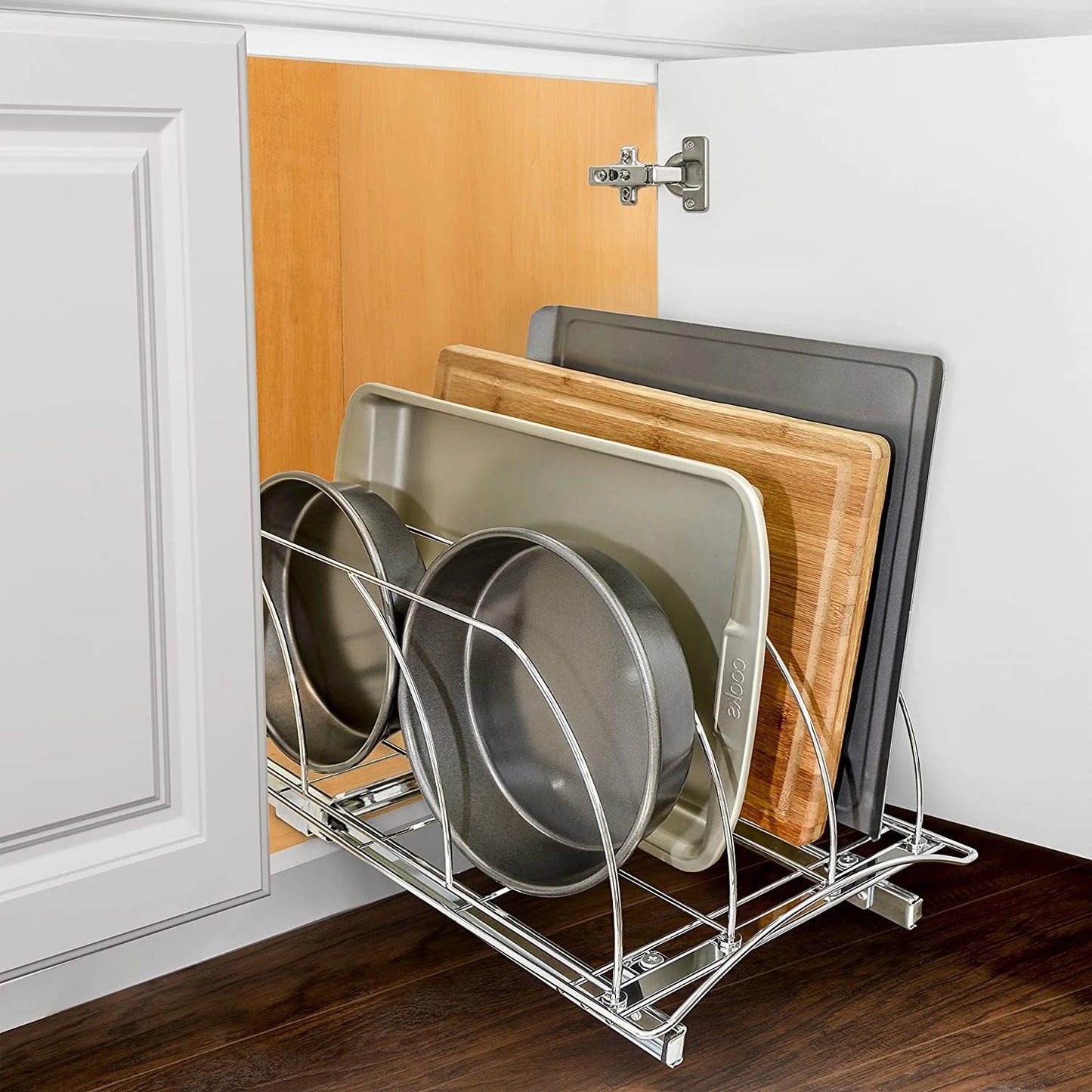 LunaLulinlk Slide Out Cutting Board, Cookie Sheet, and Baking Pan Organizer - Pull Out Kitchen Cabinet Organizer - Chrome