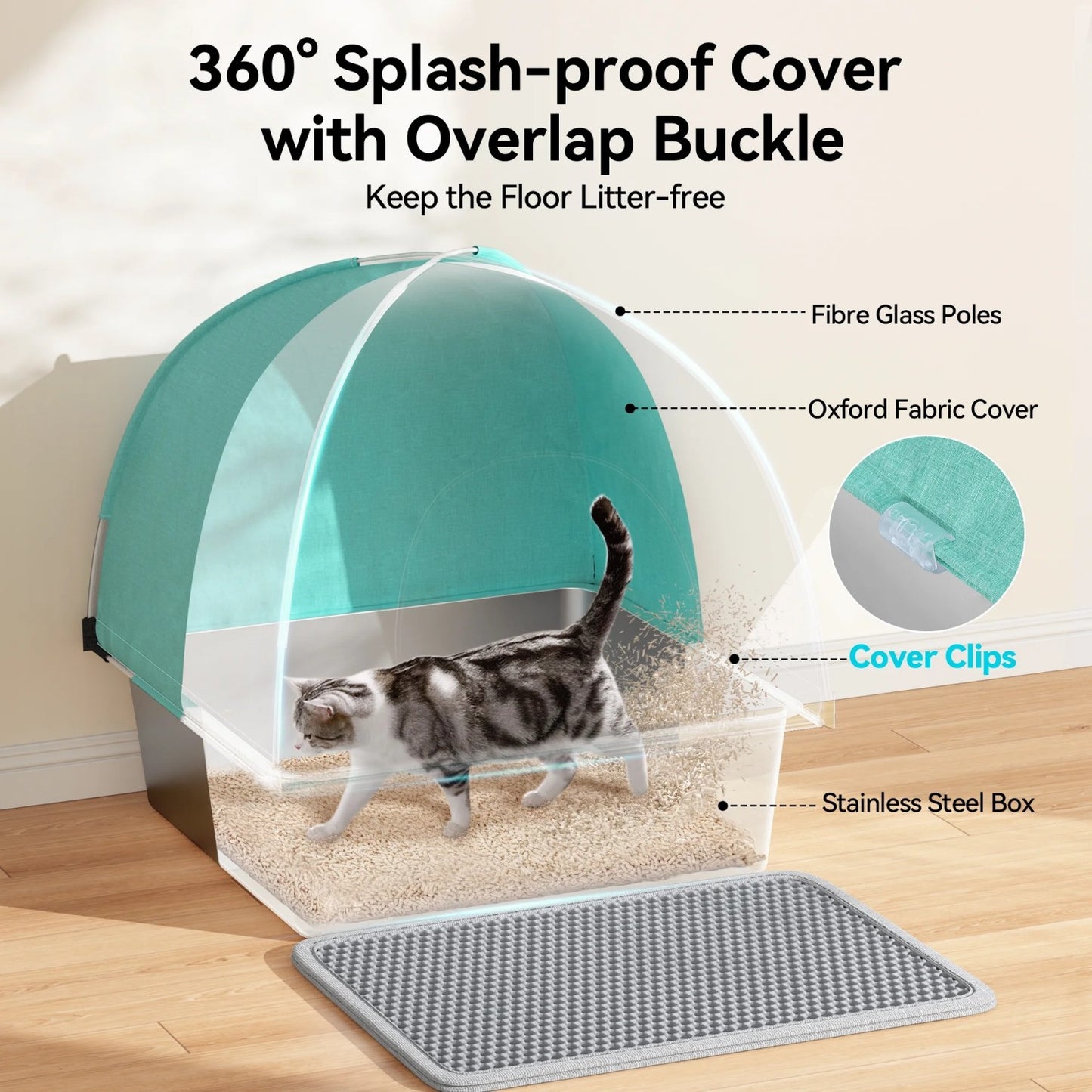 LunaLulinlk Stainless Steel Cat Litter Box with High-Sided Oxford Fabric Cover,Extra Large Square,Easy to Clean