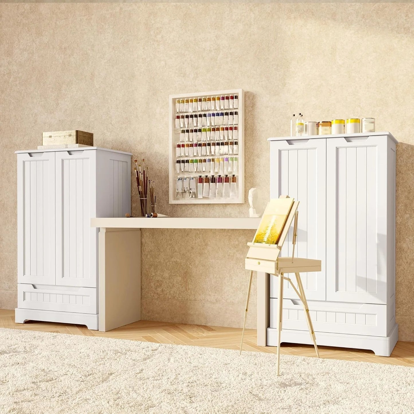 LunaLulinlk Small Kitchen Pantry Storage Cabinets with Doors and Shelves, 41'' Kitchen Pantry with Drawers for Dining Room and Living Room, White