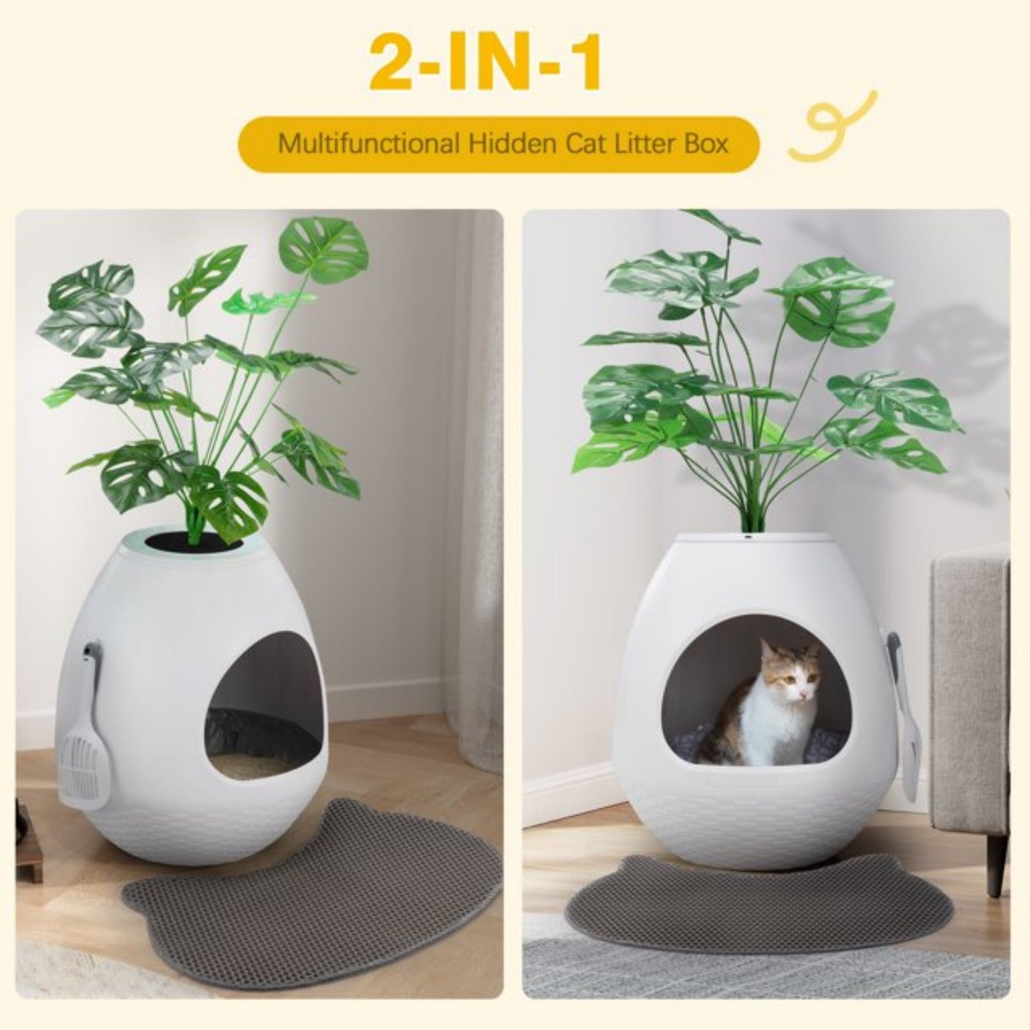LunaLulinlk White upgraded version artificial plant cat litter box with deodorizing scoop