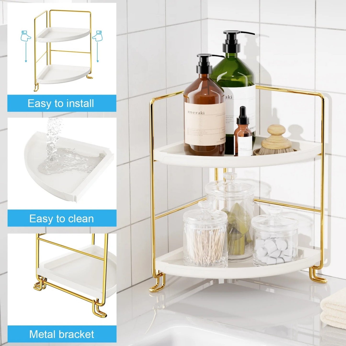 LunaLulinlk Stainless Steel 2-Tier Corner Makeup Organizer with 4 Compartments, Gold