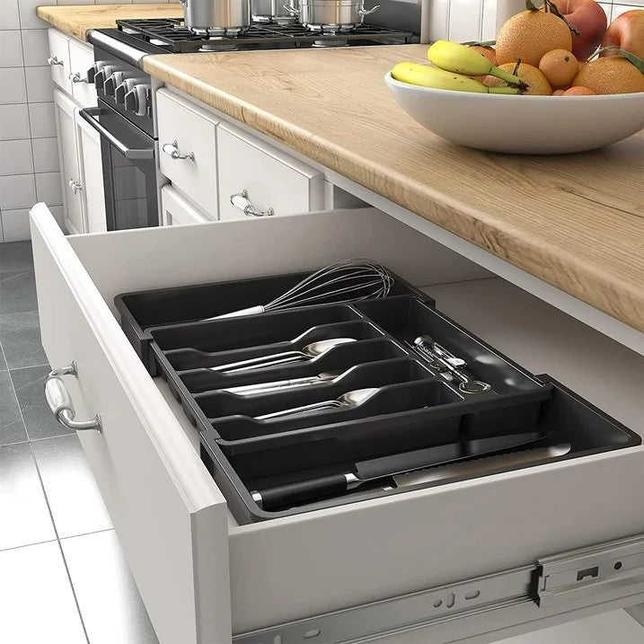 LunaLulinlk Silverware Drawer Organizer Expandable Utensil Tray Adjustable Flatware, Plastic, Black