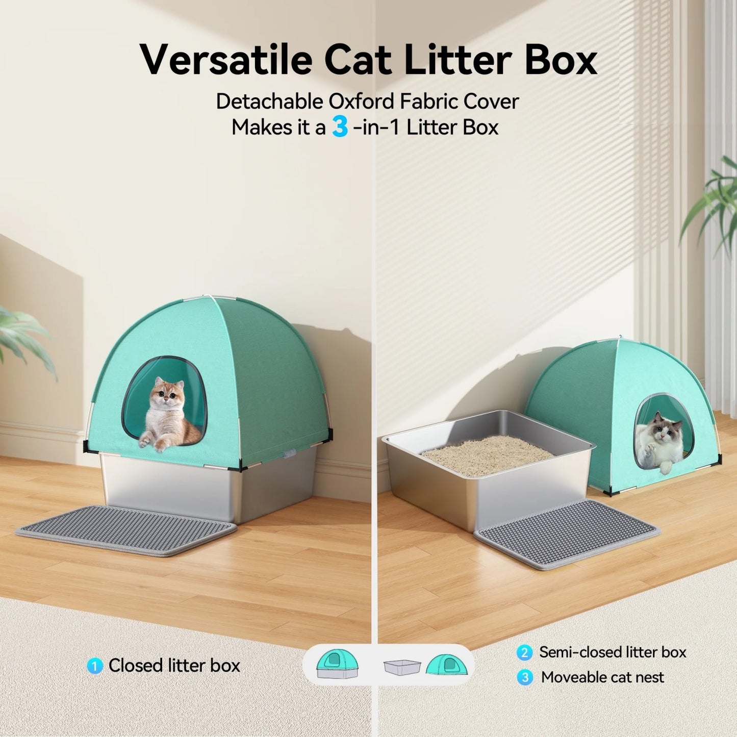LunaLulinlk Stainless Steel Cat Litter Box with High-Sided Oxford Fabric Cover,Extra Large Square,Easy to Clean