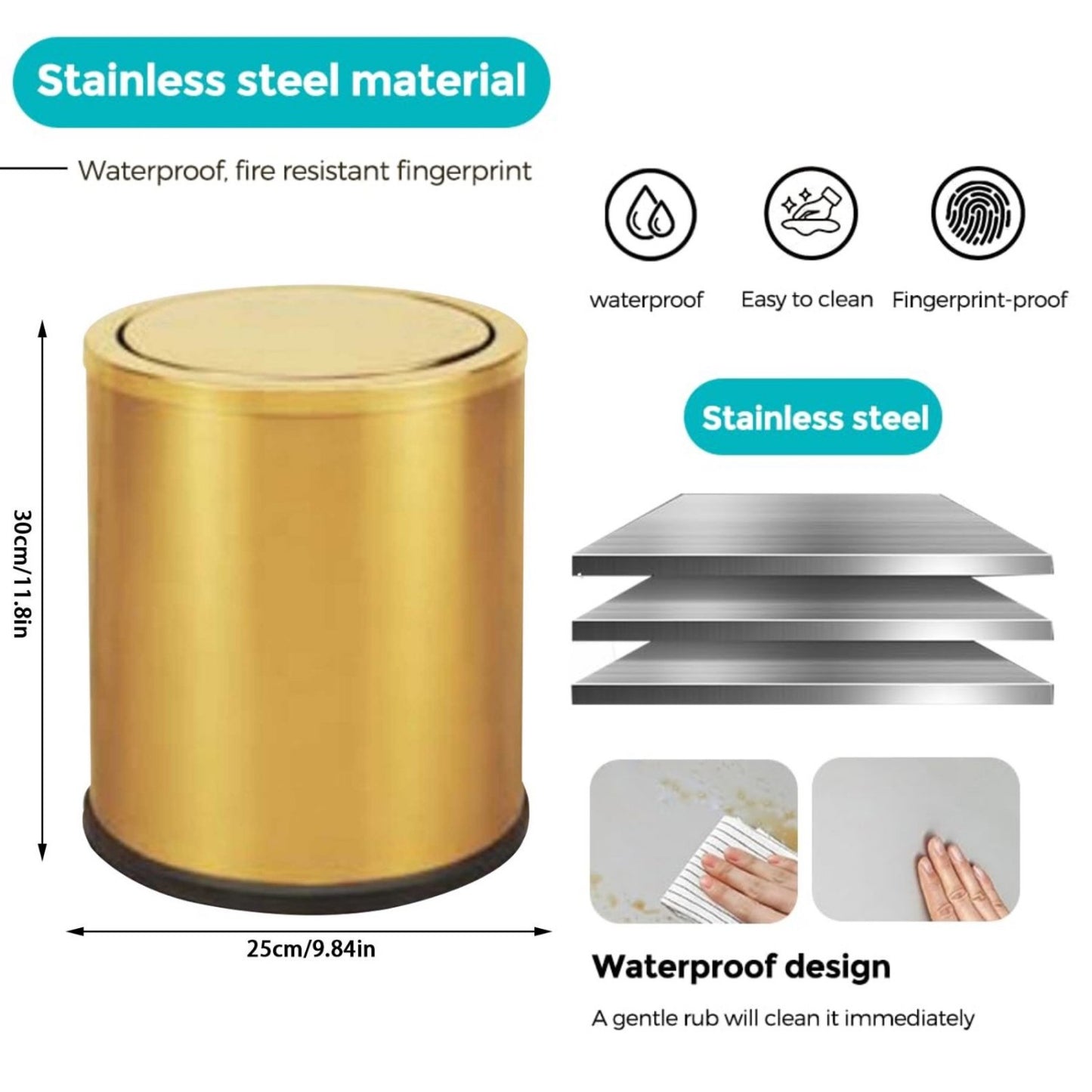 LunaLulinlk Small Trash can with Flipping lid, Stainless Steel , 2.6gallon,Garbage cans Metallic Gold