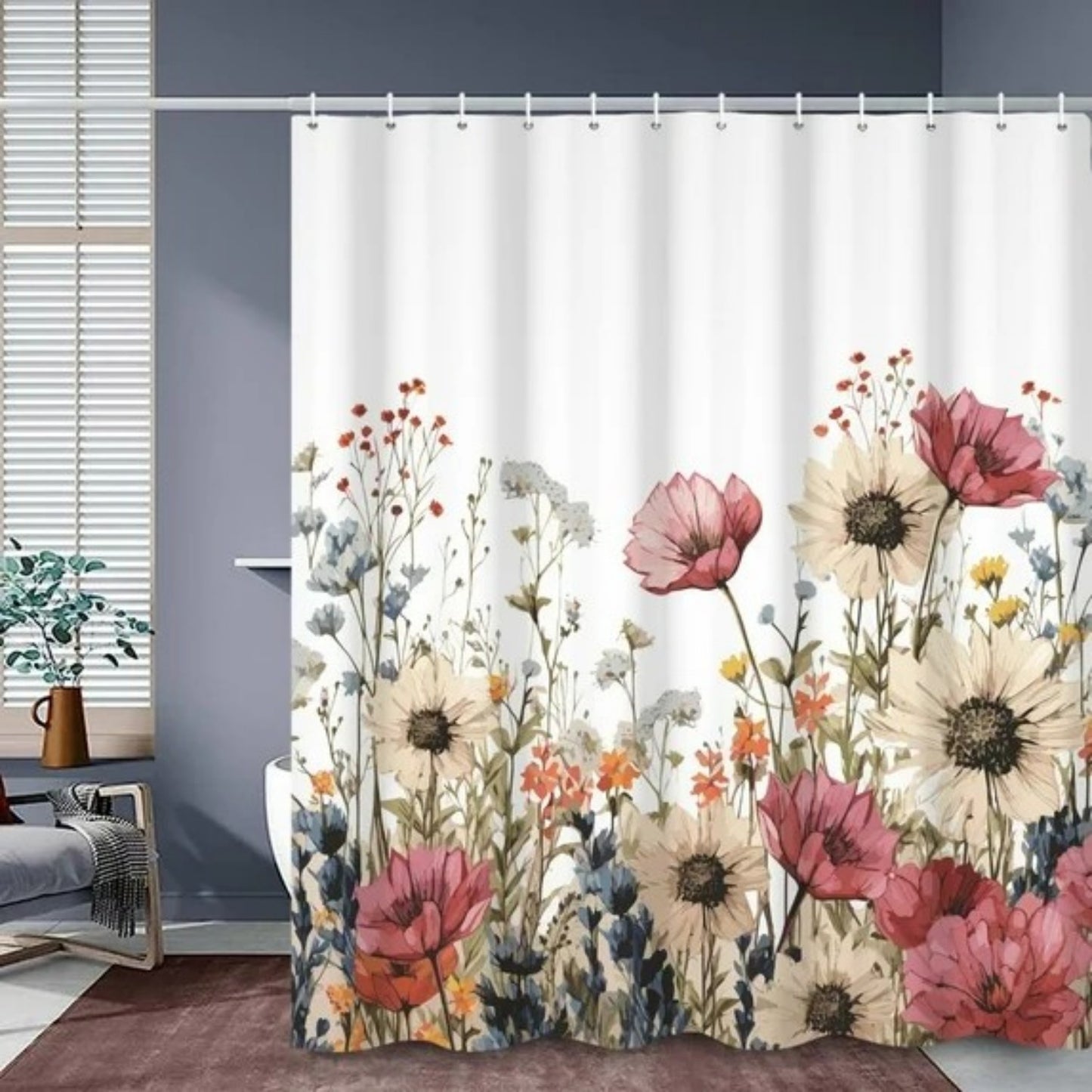 LunaLulinlk Spring Floral Shower Curtain, Flowers Waterproof Polyster Bathroom Curtain