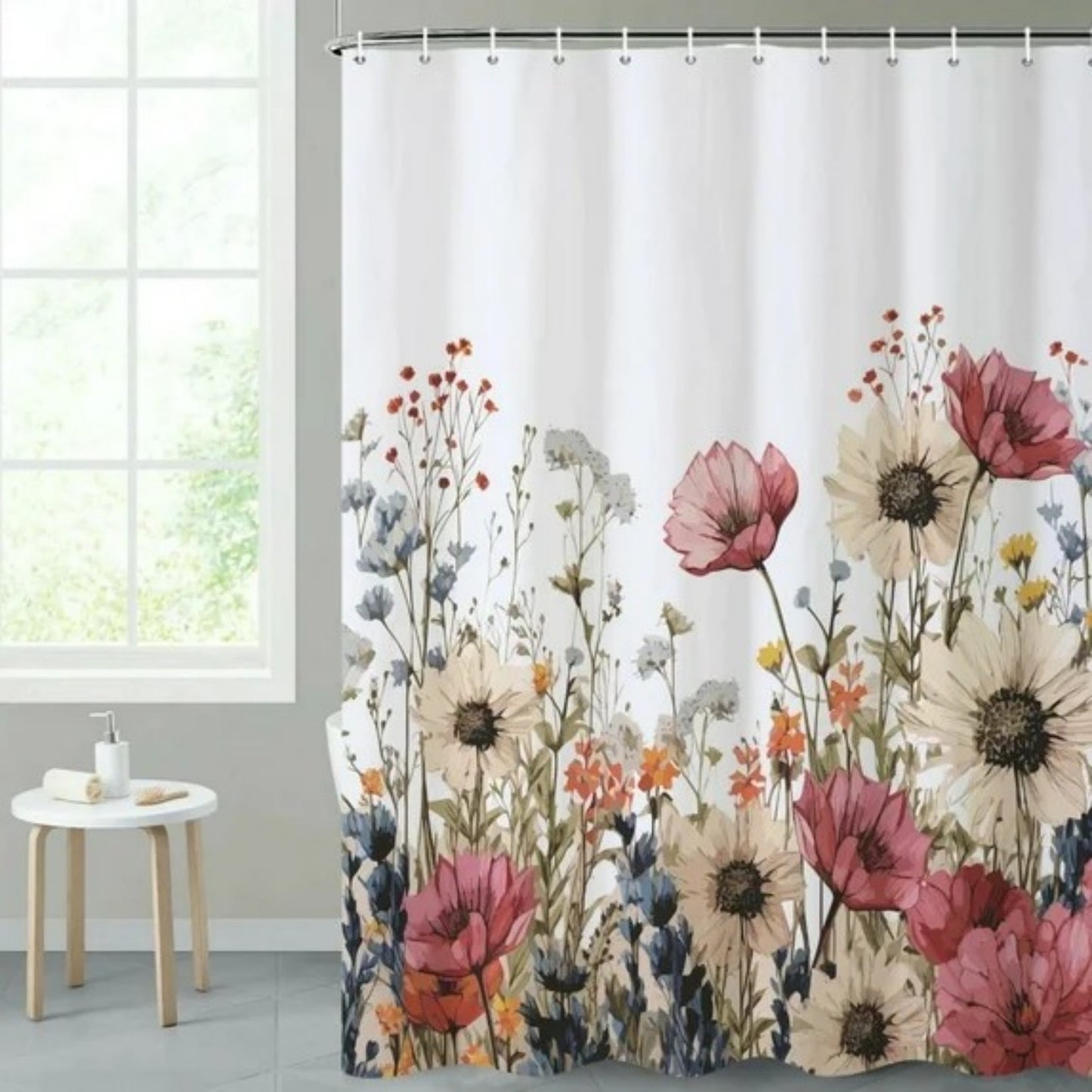 LunaLulinlk Spring Floral Shower Curtain, Flowers Waterproof Polyster Bathroom Curtain