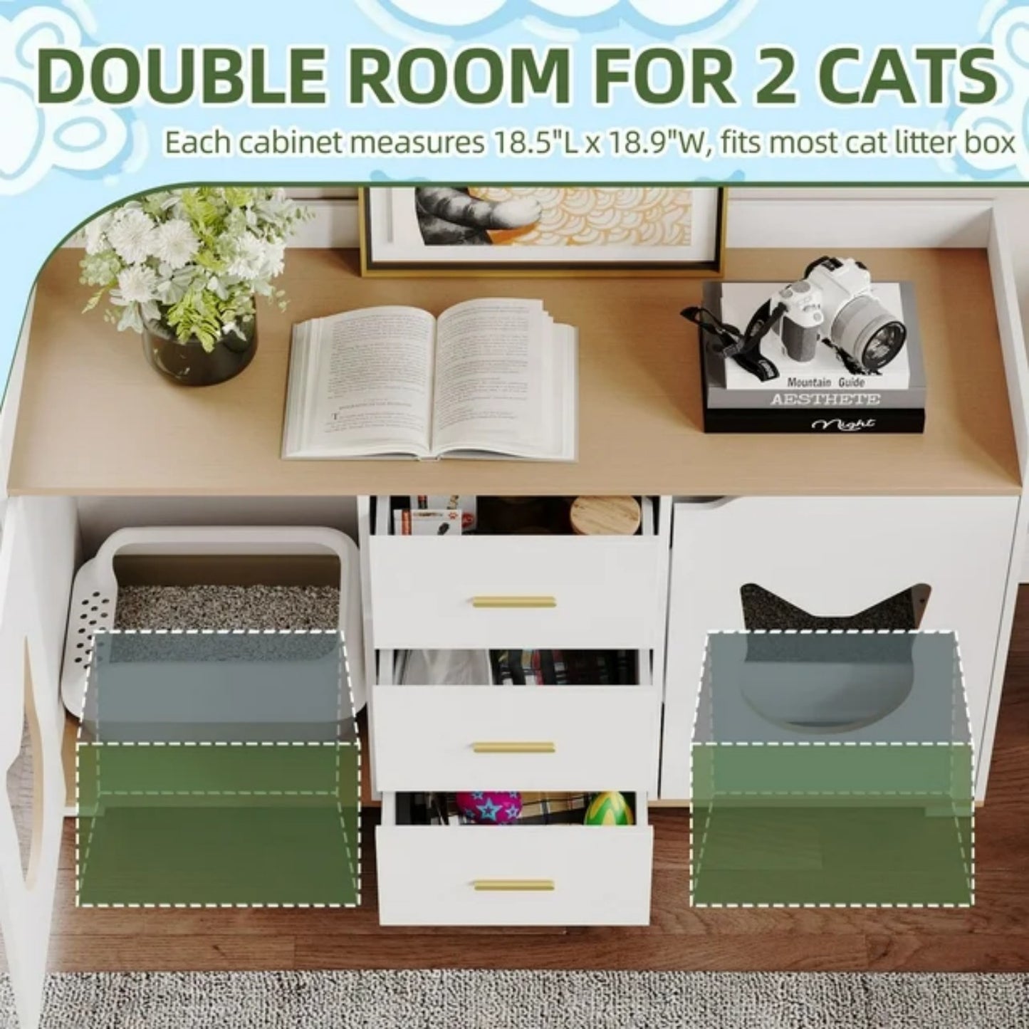 LunaLulinlk White cat litter box furniture with 2 compartments, wooden cat litter box cabinet with drawers
