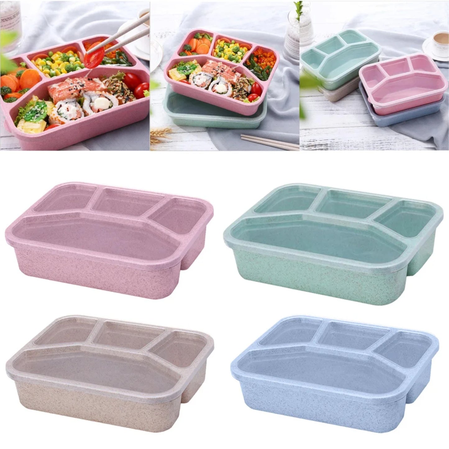 LunaLulinlk Reusable 4-Compartment Plastic Divider Food Storage Container, Lunch Box, Green