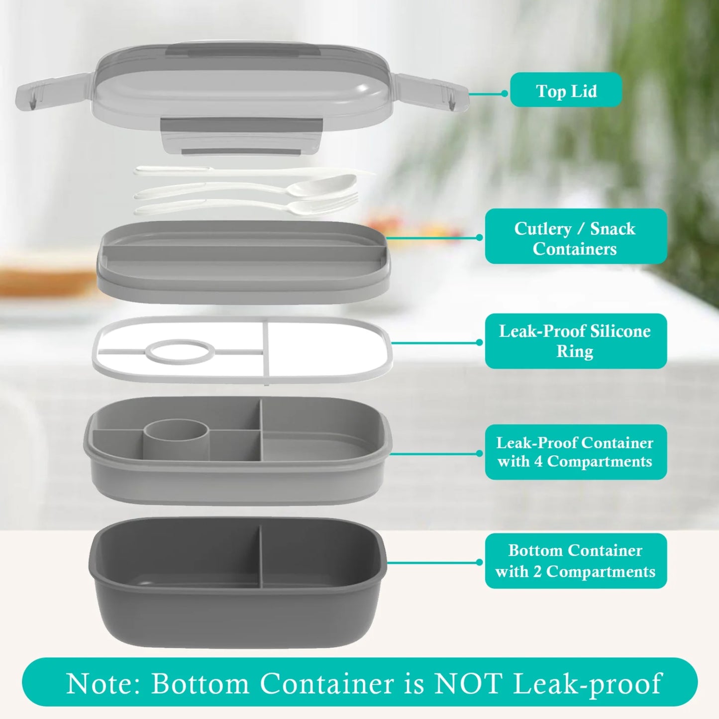 LunaLulinlk Three-Tier Bento Box with Bag - All-in-One Stackable Lunch Box, Leak-Proof Lunch Box Strap, 1900ml, Built-in Cutlery Set, Lunch Bag