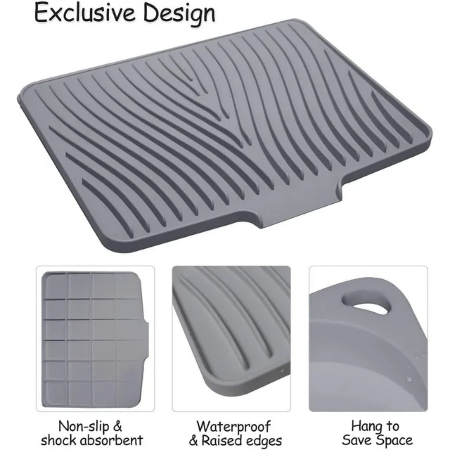 LunaLulinlk Silicone Dish Drying Mat for Kitchen Counter, Drying Mat with Drain Lid, Dish Drying Pad for Multiple Usage (16”X13”Grey )