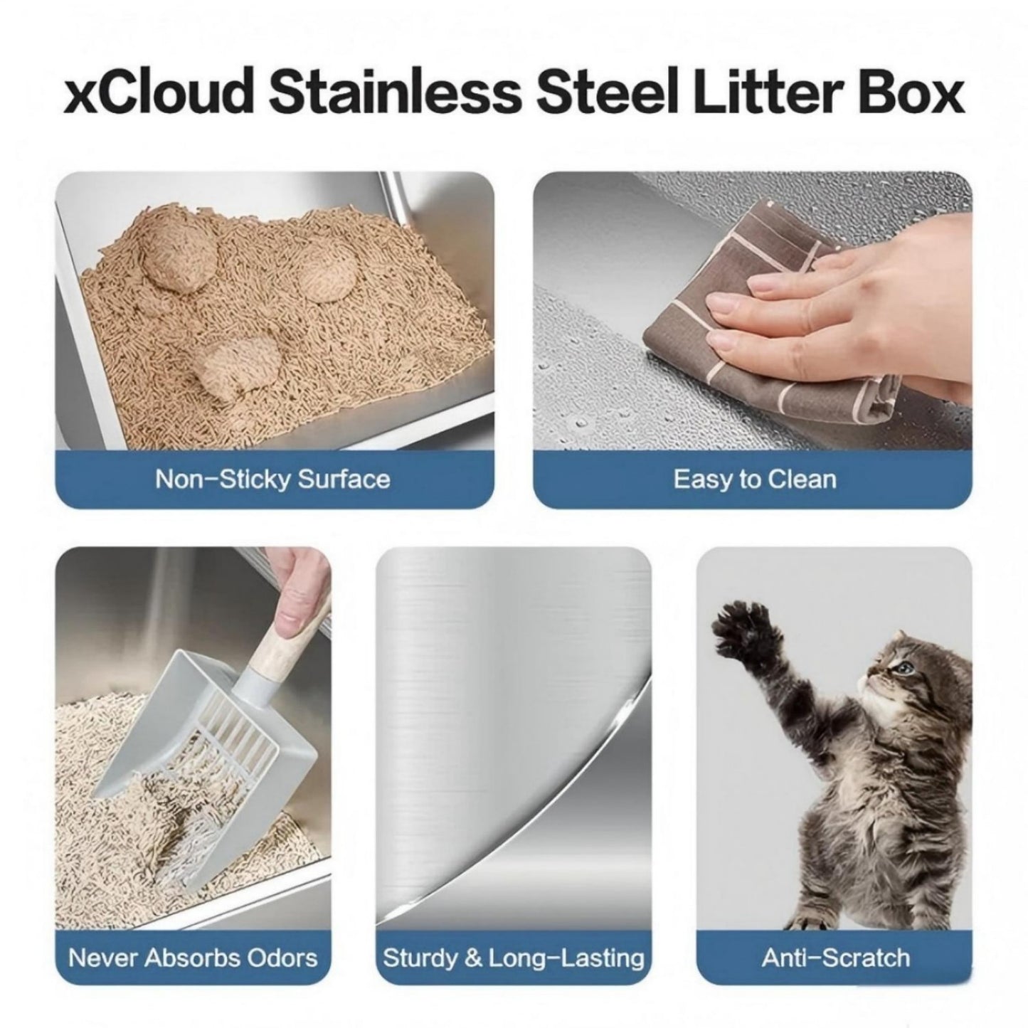 LunaLulinlk Stainless steel cat litter box with lid, suitable for large cats, with litter mat and litter scoop