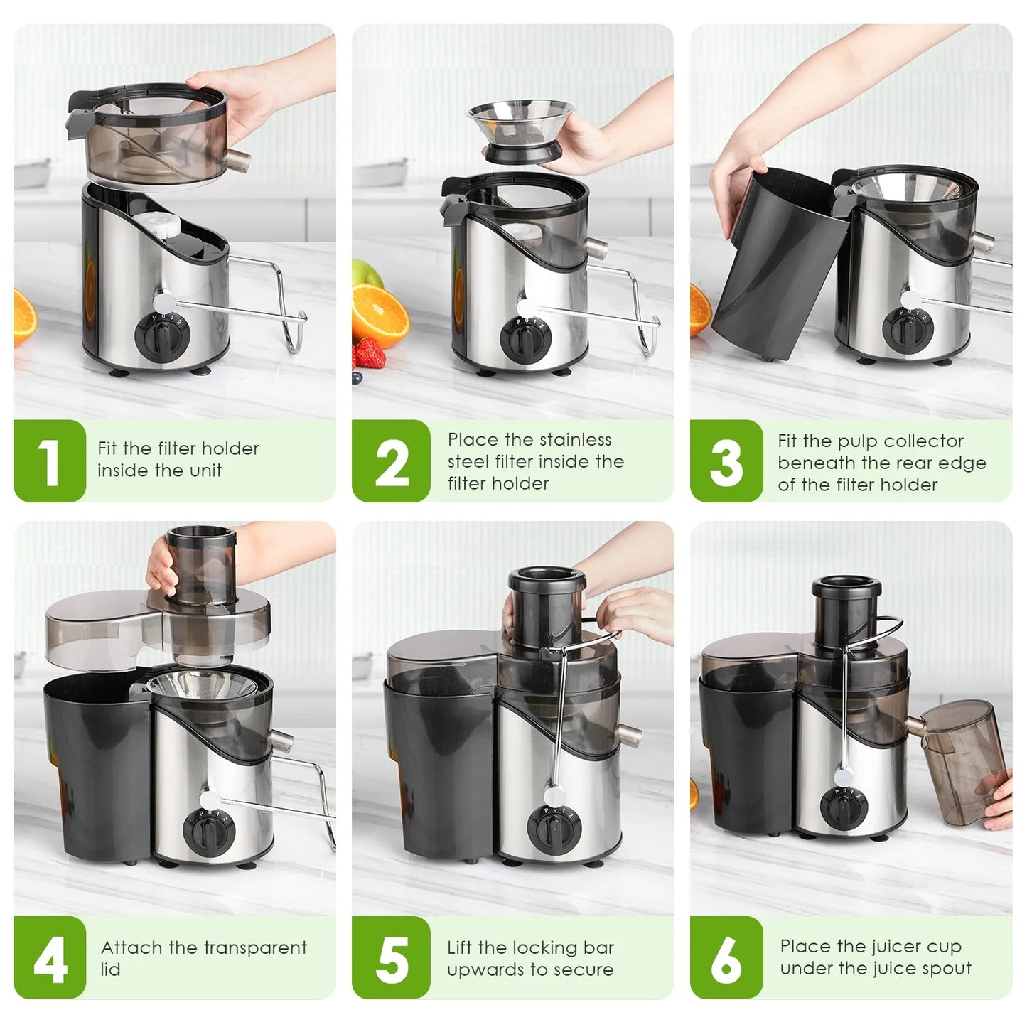 LunaLulinlk Stainless Steel Juicer, Easy to Clean, 3 Speed Control, BPA Free, Silver