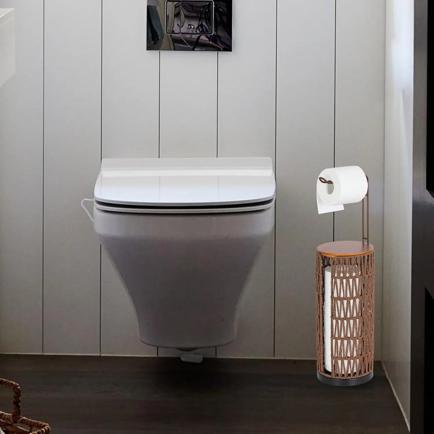 LunaLulinlk Woven Freestanding Farmhouse Toilet Paper Organizer with Storage - Dark Brown