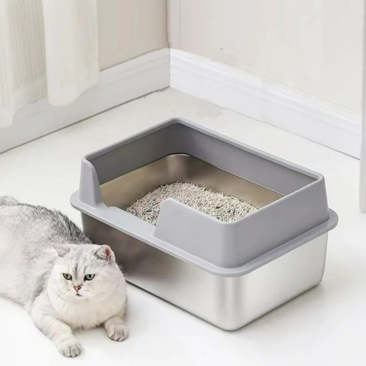 LunaLulinlk Stainless steel cat litter box. Easy to clean, does not absorb odors, comes with a shovel