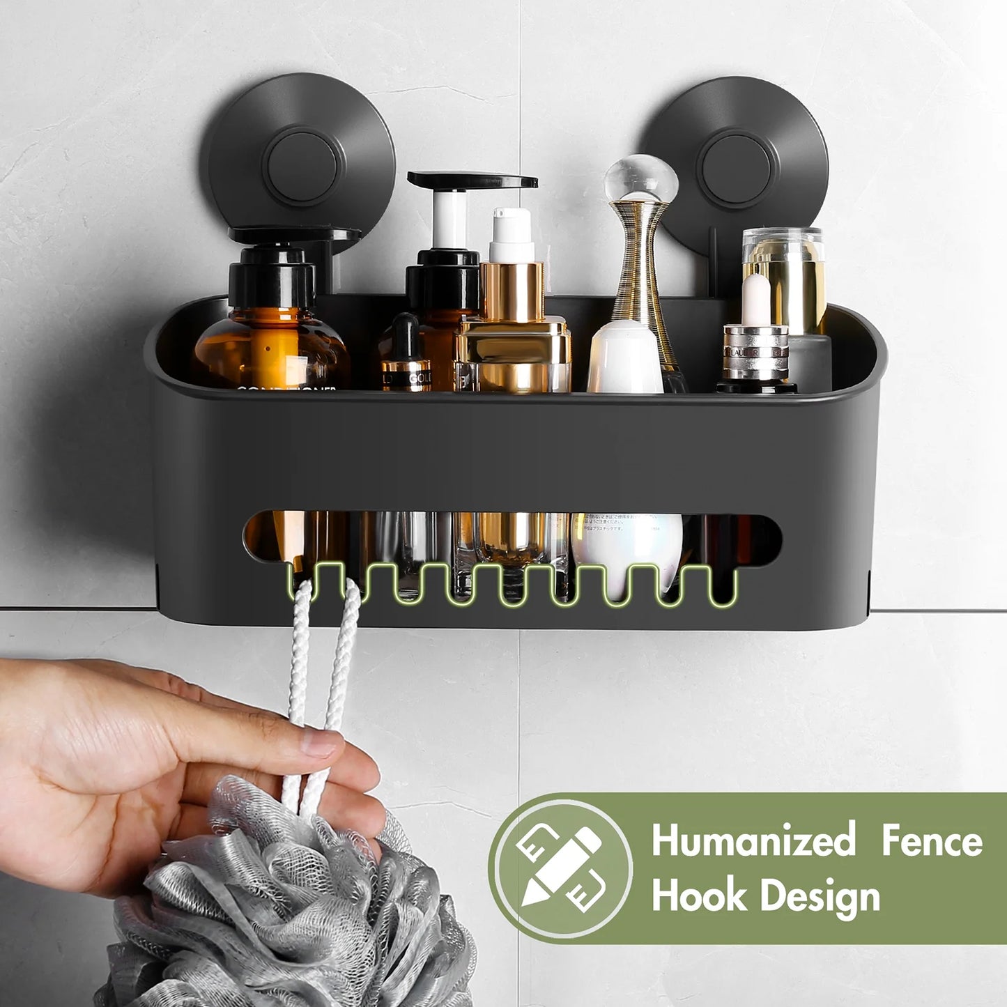 LunaLulinlk Strong Heavy Duty Shower Suction Cup Holder Storage Basket - No Drilling Required with Hook, Dark Grey