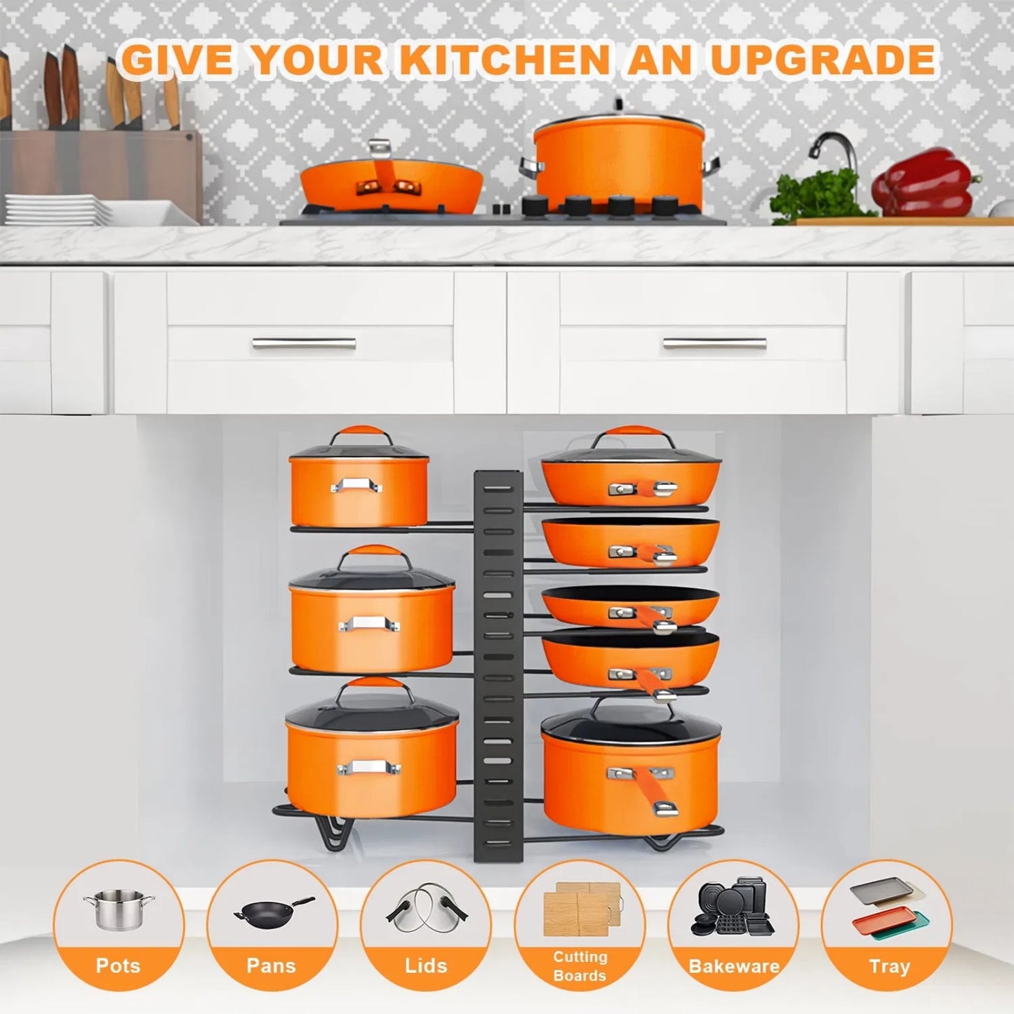 LunaLulinlk Upgraded 8-Tier Pot and Dish Organizer for Kitchen Cabinets