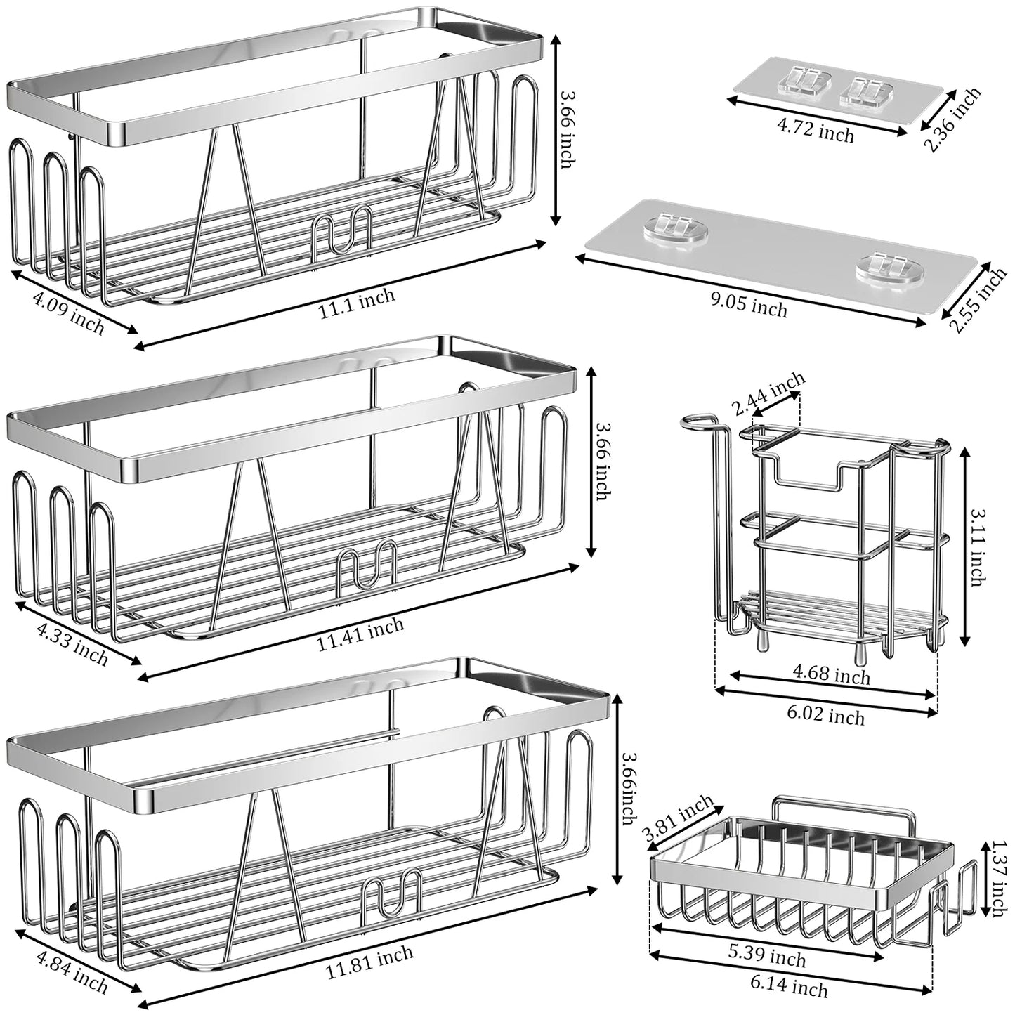 LunaLulinlk Stainless Steel Bathroom Self-Adhesive Wall-Mounted Large Capacity Shower Cage, No Drilling Required, 5-Pack (Black)