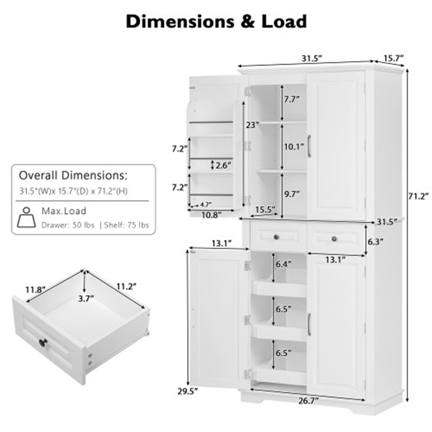 "LunaLulinlk 71"" Tall Kitchen Pantry Cabinet with 3 Pull Out Cabinet Organizers, Farmhouse Embossed Texture Storage Cabinet "