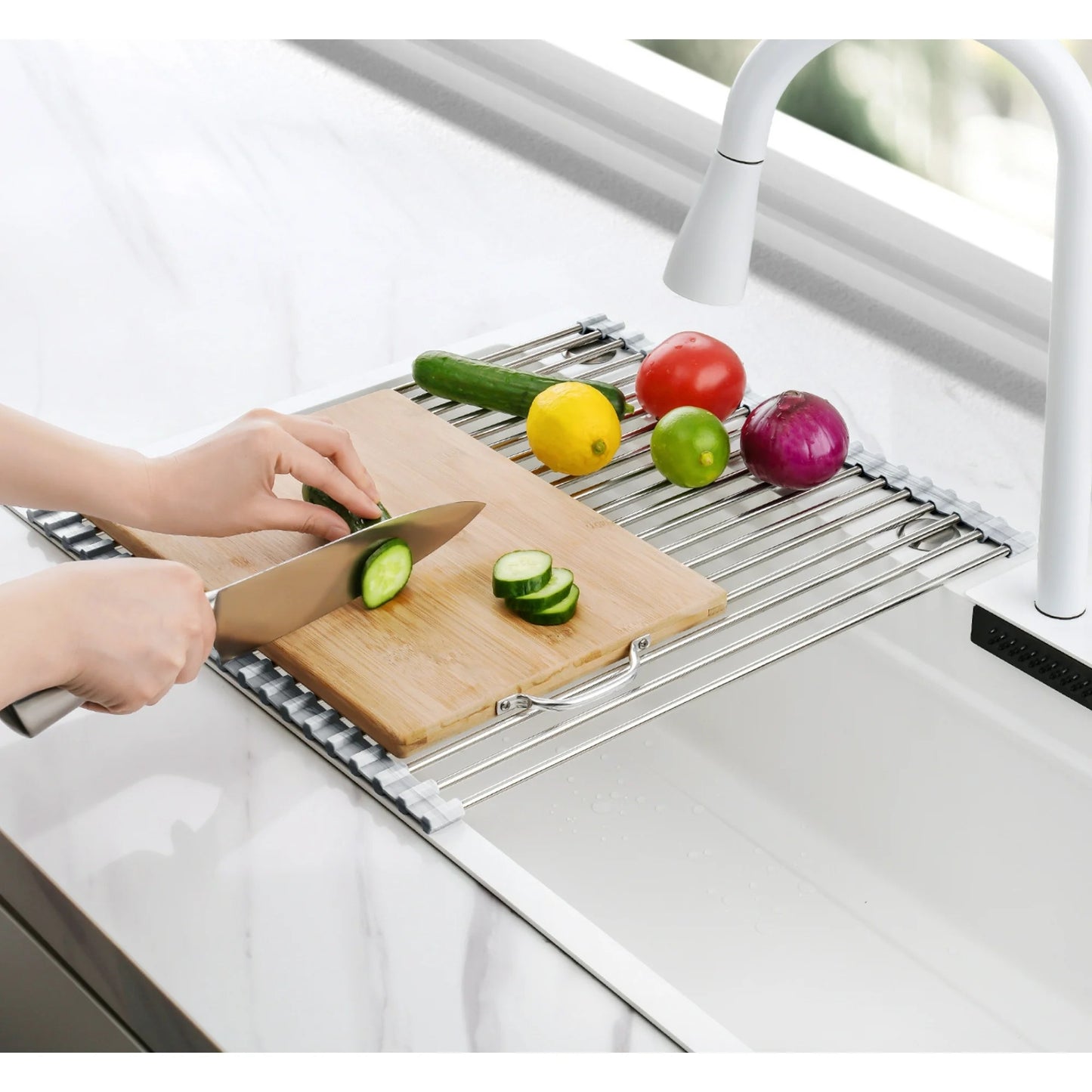 LunaLulinlk Stainless Steel Roll-Up Dish Drying Rack Marble Color Silicone Edges, Foldable Kitchen Rack Heat Resistant Trivet (17.7"x12.5"),Marble
