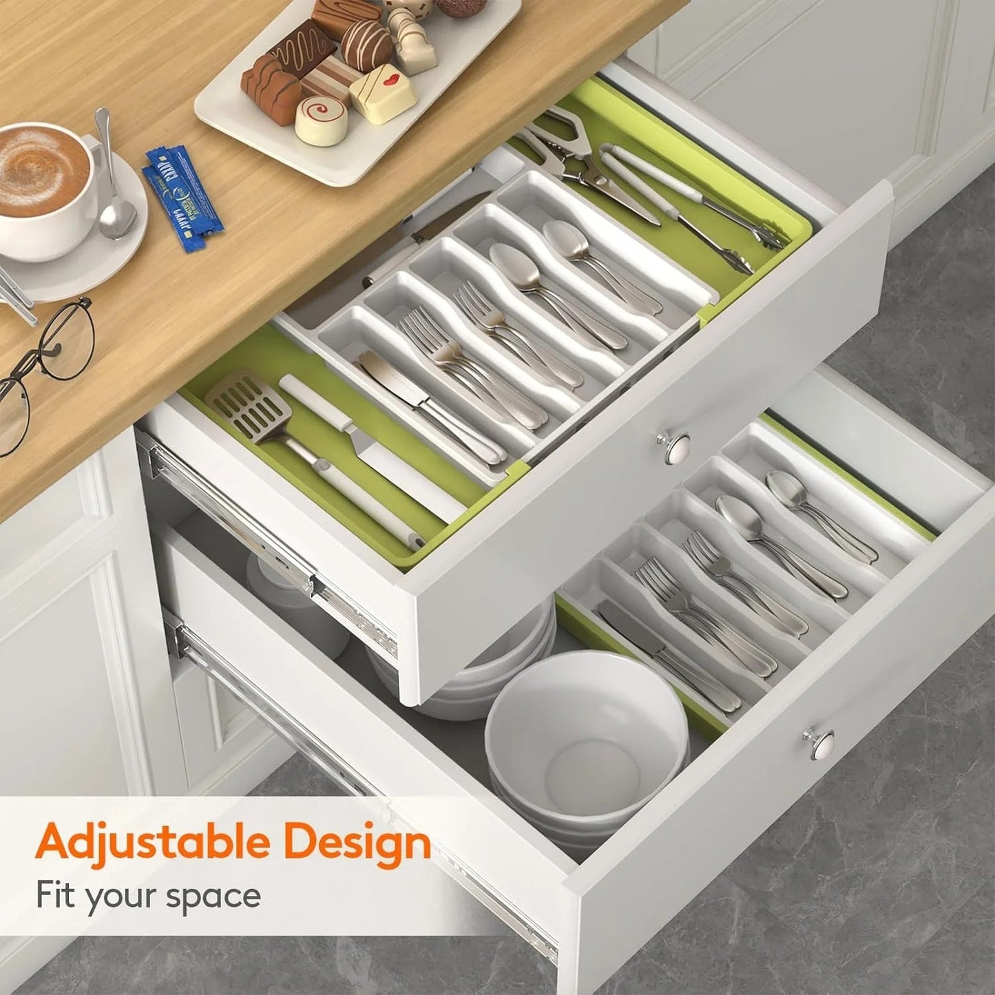 LunaLulinlk Silverware Drawer Organizer Expandable Utensil Tray Adjustable Flatware, Plastic, Green&White