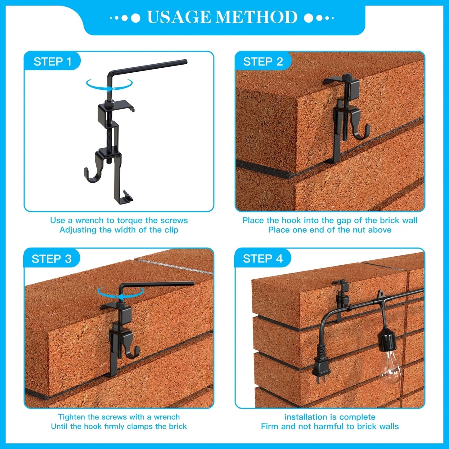 LunaLulinlk Stainless Steel Brick Wall Clips, Brick Hooks Clamp Outdoor Heavy Duty 1-3/4" to 2-3/4" Brick Hook Brick Hangers No Drill, 6 Packs