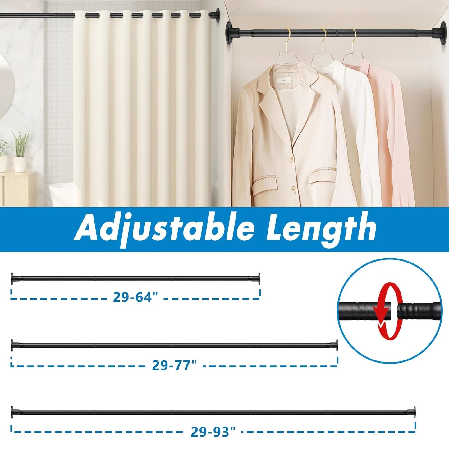 LunaLulinlk Shower Curtain Rod, Adjustable Shower Curtain Rods 29-78'', Heavy Duty Black Shower Rods for Bathroom, Closet, Windows