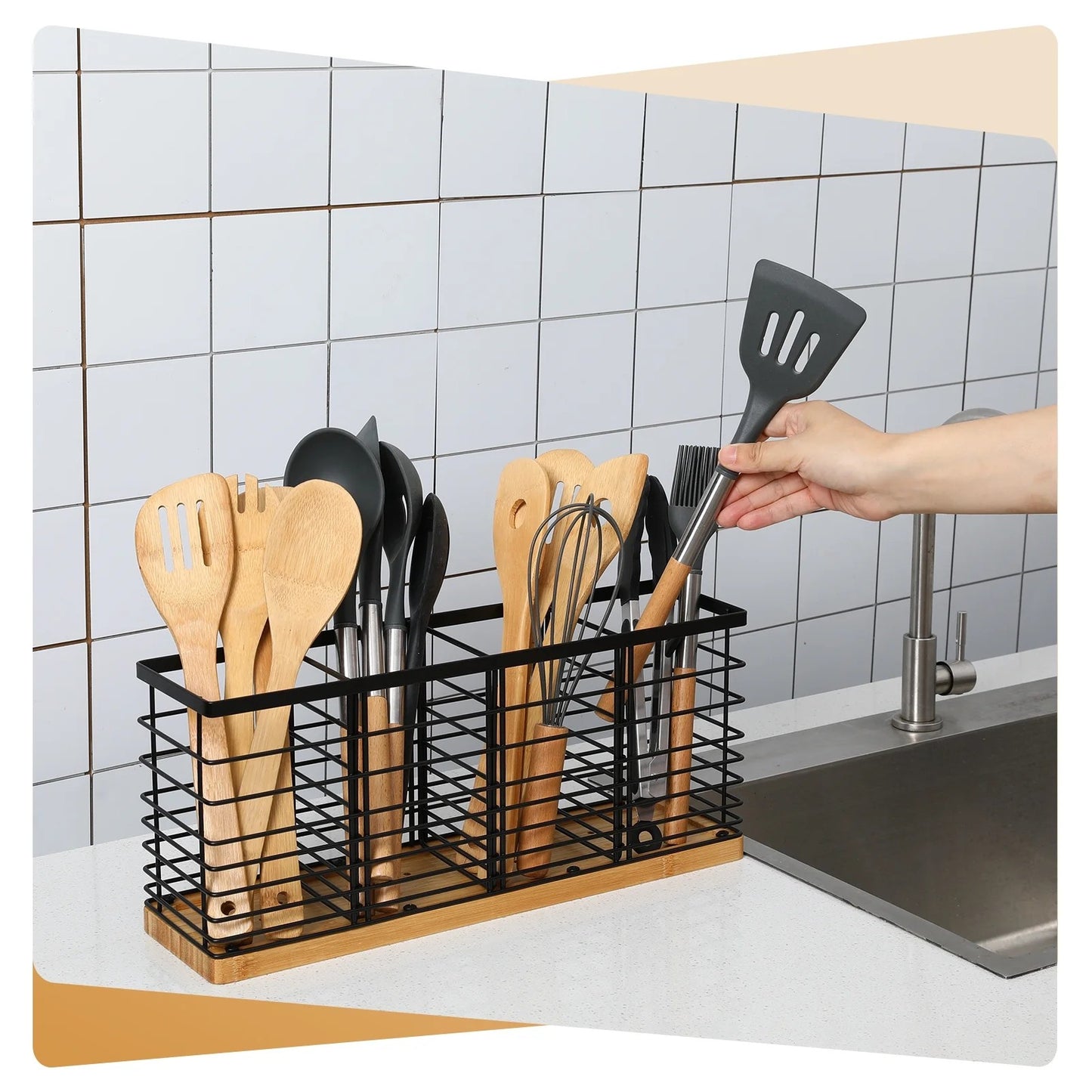 LunaLulinlk Utensil Holder for Kitchen Counter, 4 Compartments, Matte Black Metal Cooking Utensil Organizer with Wooden Base for Kitchen Countertop